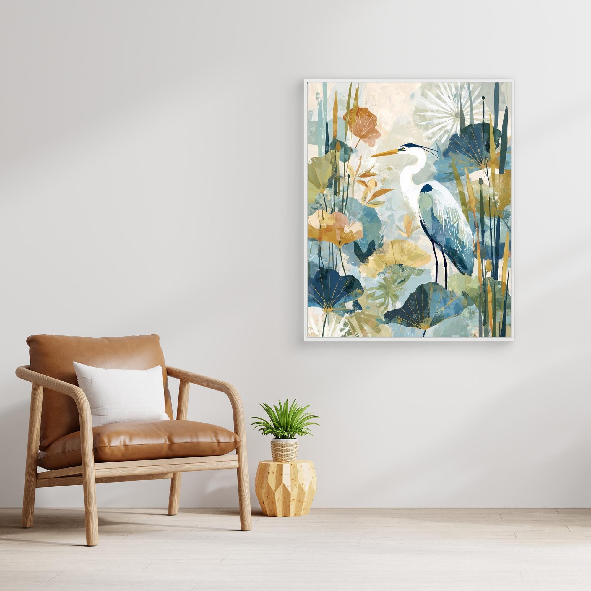 Heron in the Reeds Canvas Wall Art | Modern Nature Print | Nursery - Framed Pop Art