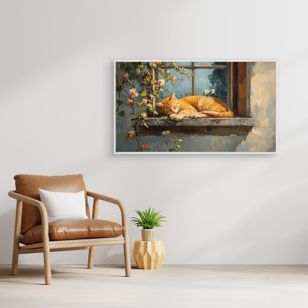 Large Framed Wall Art – Sleeping Ginger Cat Window Scene - Framed Pop Art