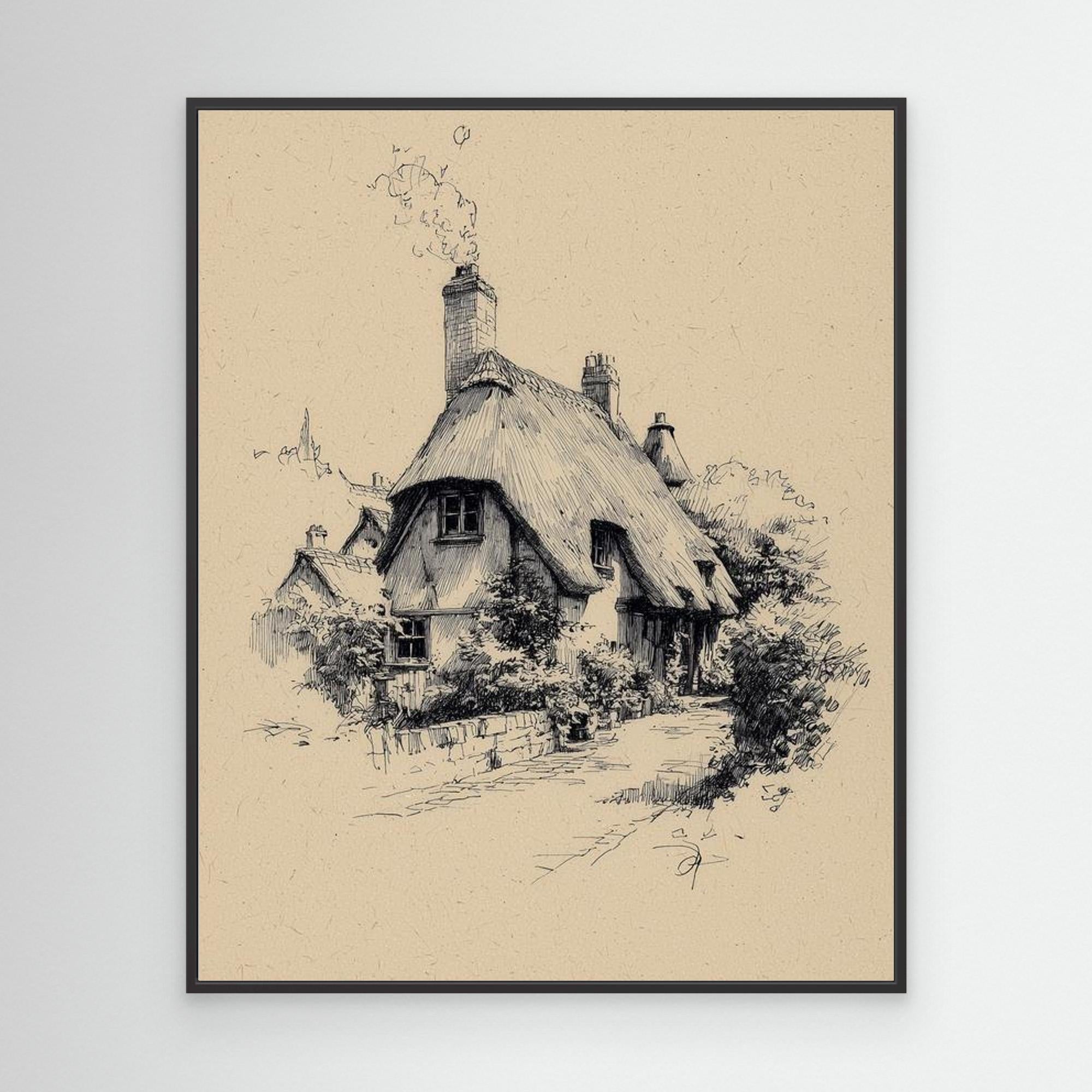 Vintage English Thatch Cottage Sketch | Framed Wall Art