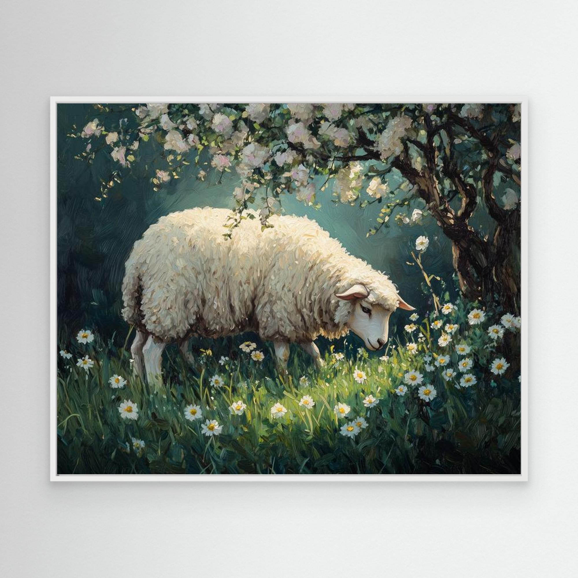 Sheep in Daisy Meadow Oil Painting Style Canvas Print - Framed Pop Art