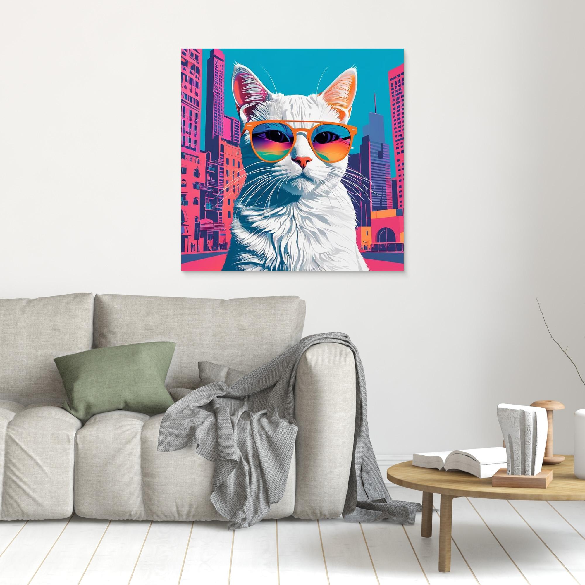 Cool White Cat in Sunglasses City Pop Art Canvas Print - Framed Pop Art