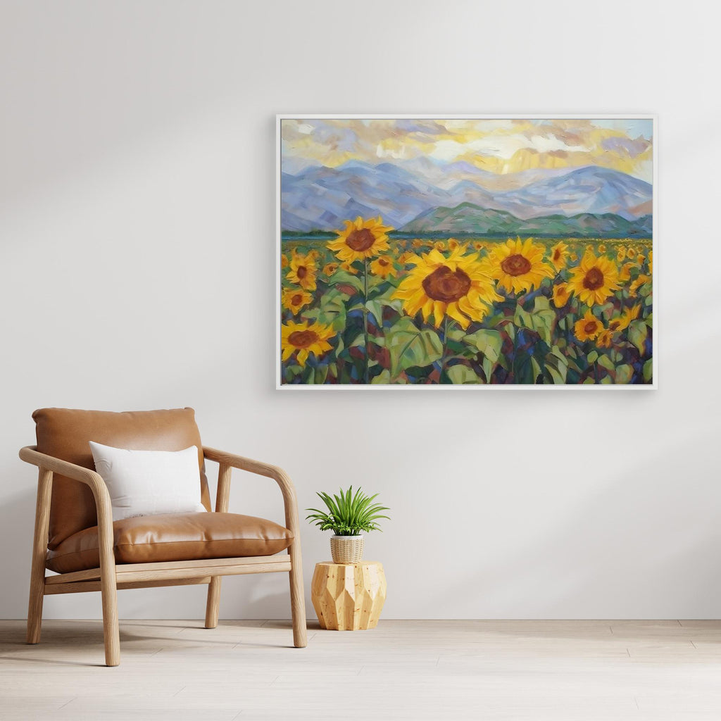 Sunflower Field Mountain Landscape | Hallway Wall Art - Framed Pop Art
