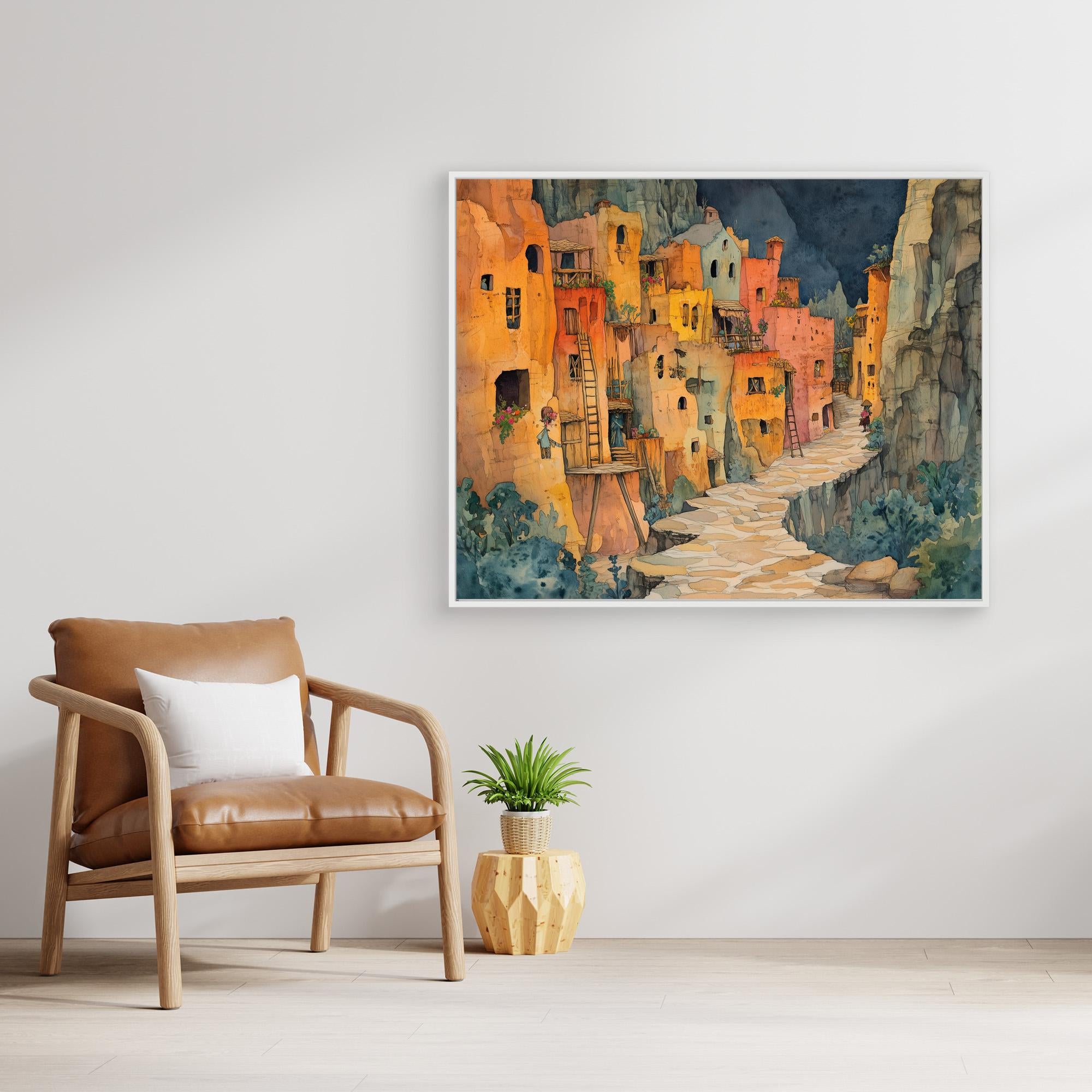 Watercolour Cliffside Village Canvas Print Hallway Art - Framed Pop Art