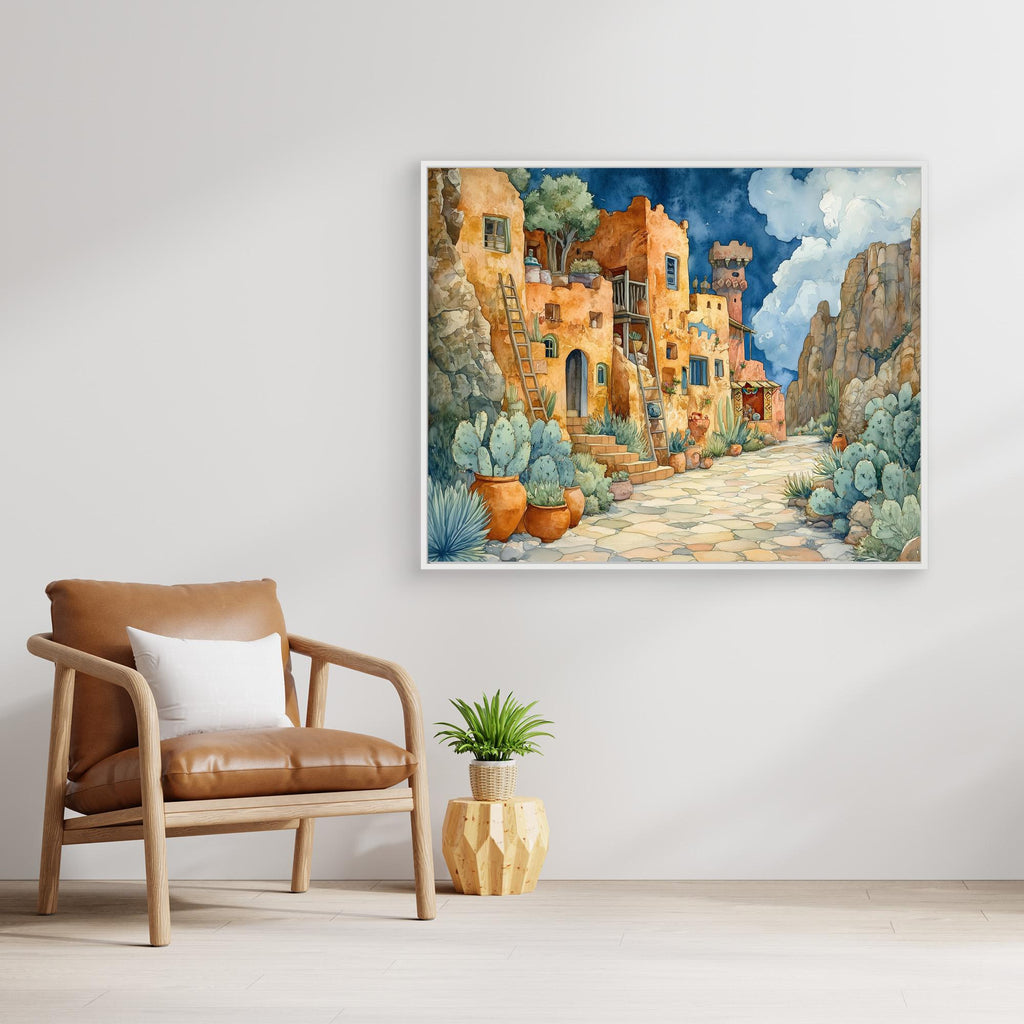 Desert Village Watercolour Canvas Print for Hallway - Framed Pop Art