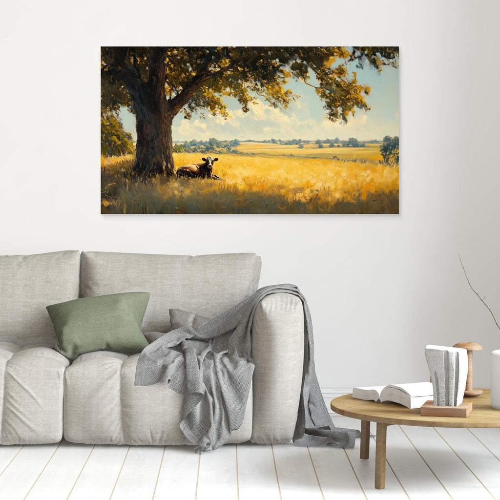 Cow in Sunlit Meadow Panoramic Canvas Wall Art Print - Framed Pop Art