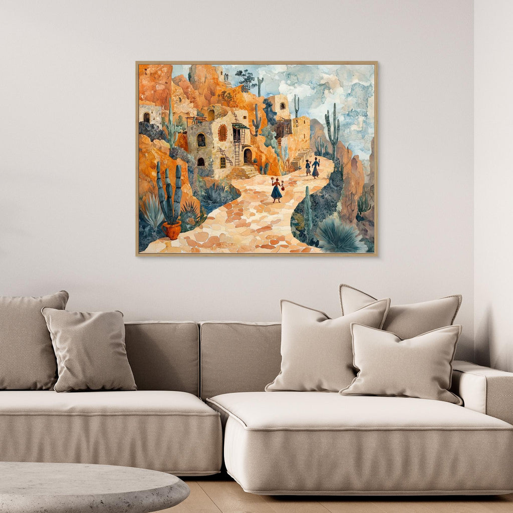 Desert Village Watercolor Canvas Print | Warm Sun-Drenched Art - Framed Pop Art