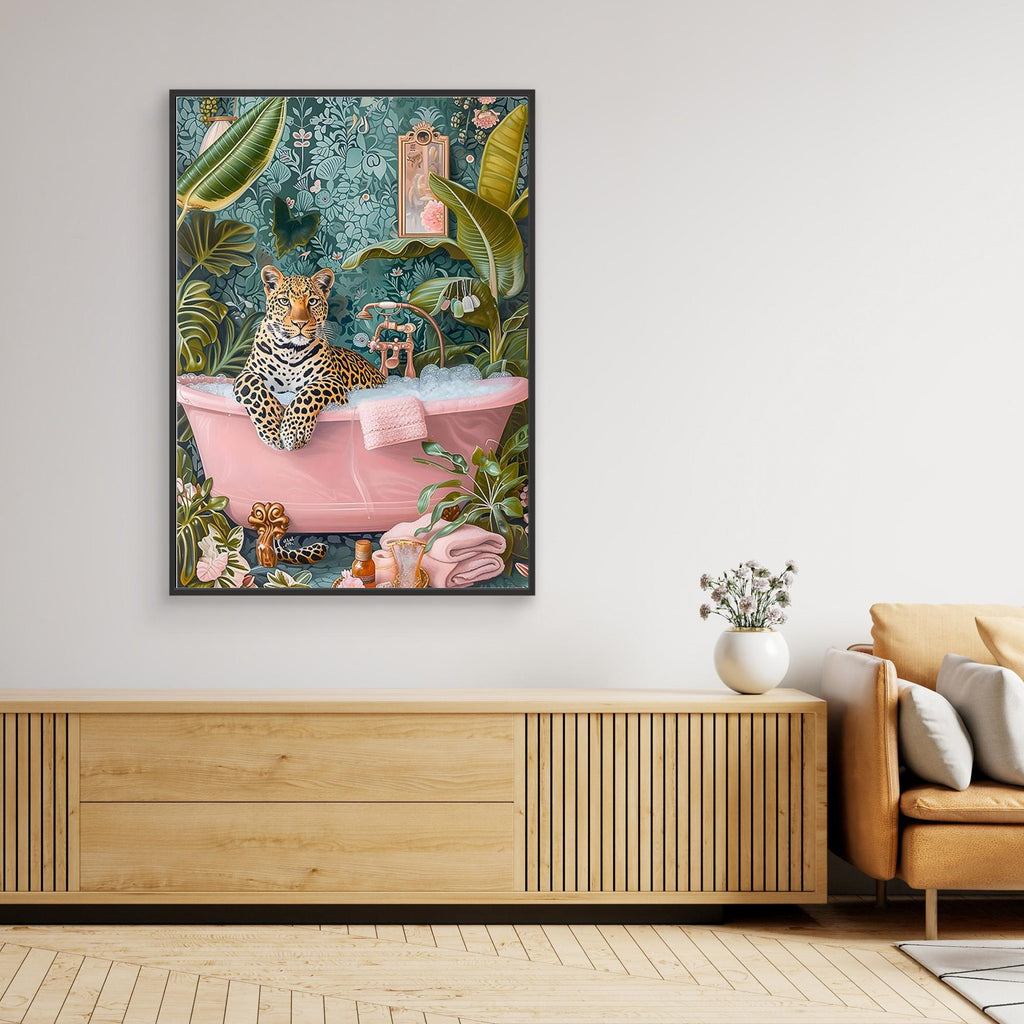 Leopard in Bathtub Wall Art for Bathroom Decor Print - Framed Pop Art