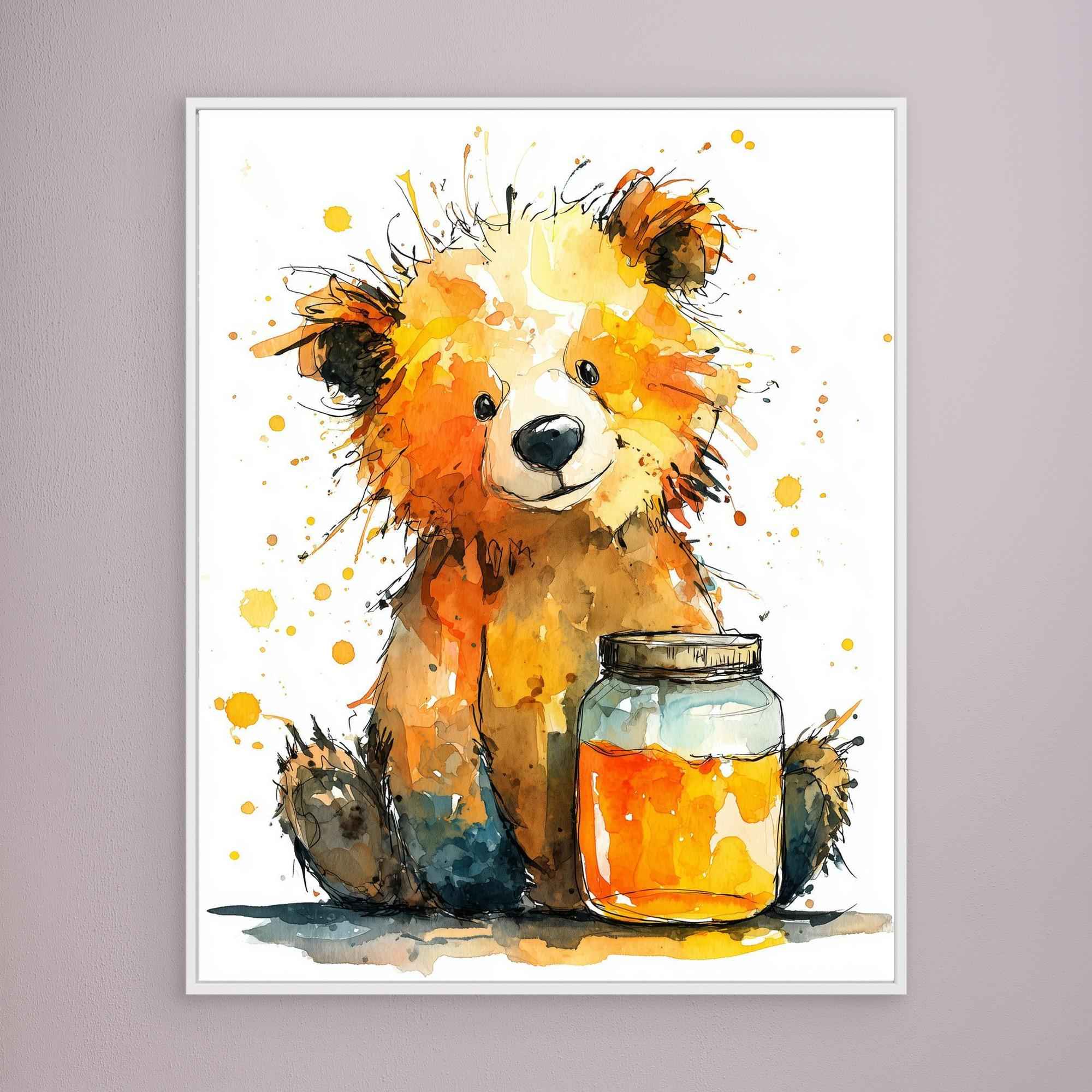 Watercolor Teddy Bear Honey Jar Canvas - Framed Pop Art