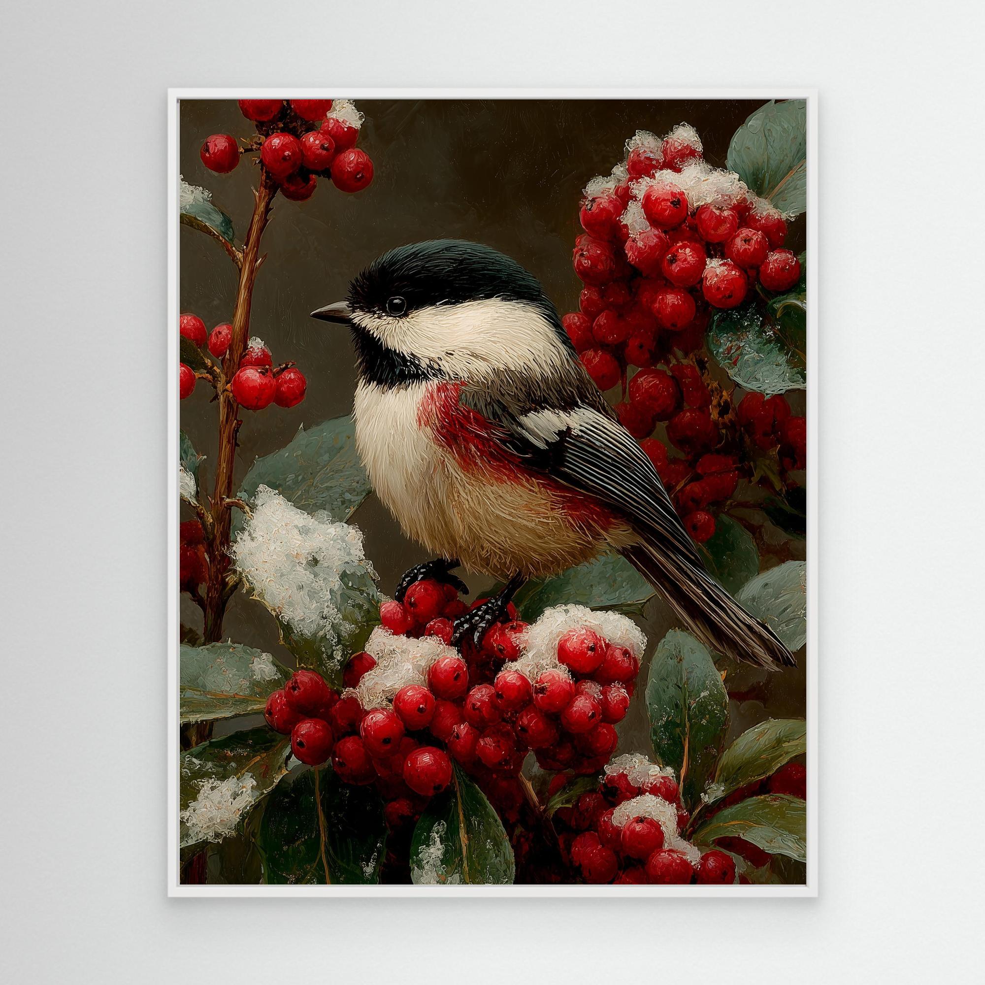 Hallway Bird Wall Art – Chickadee & Red Berries Canvas - Framed Pop Art