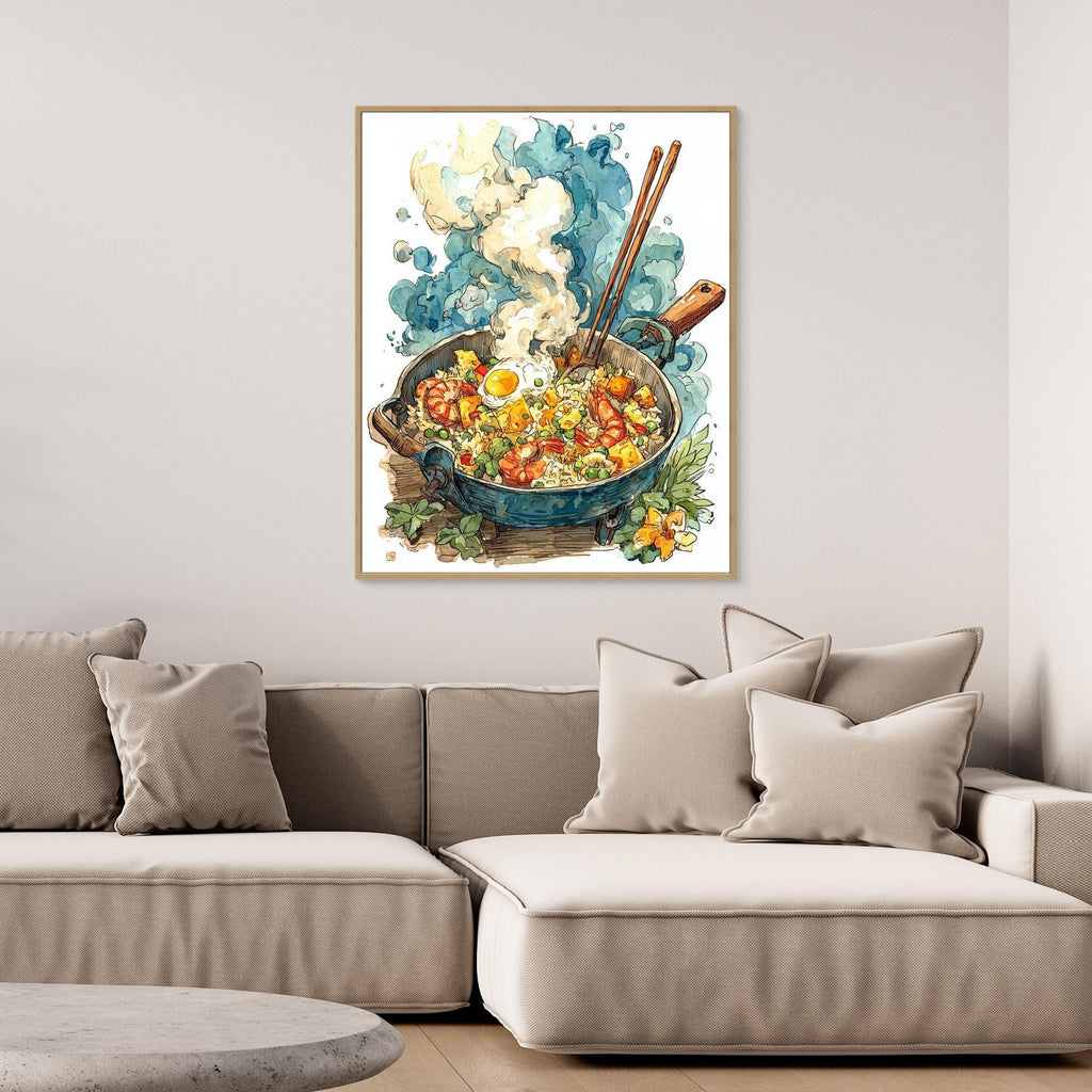 Colourful Steaming Wok Fried Rice Kitchen Canvas Wall Art - Framed Pop Art
