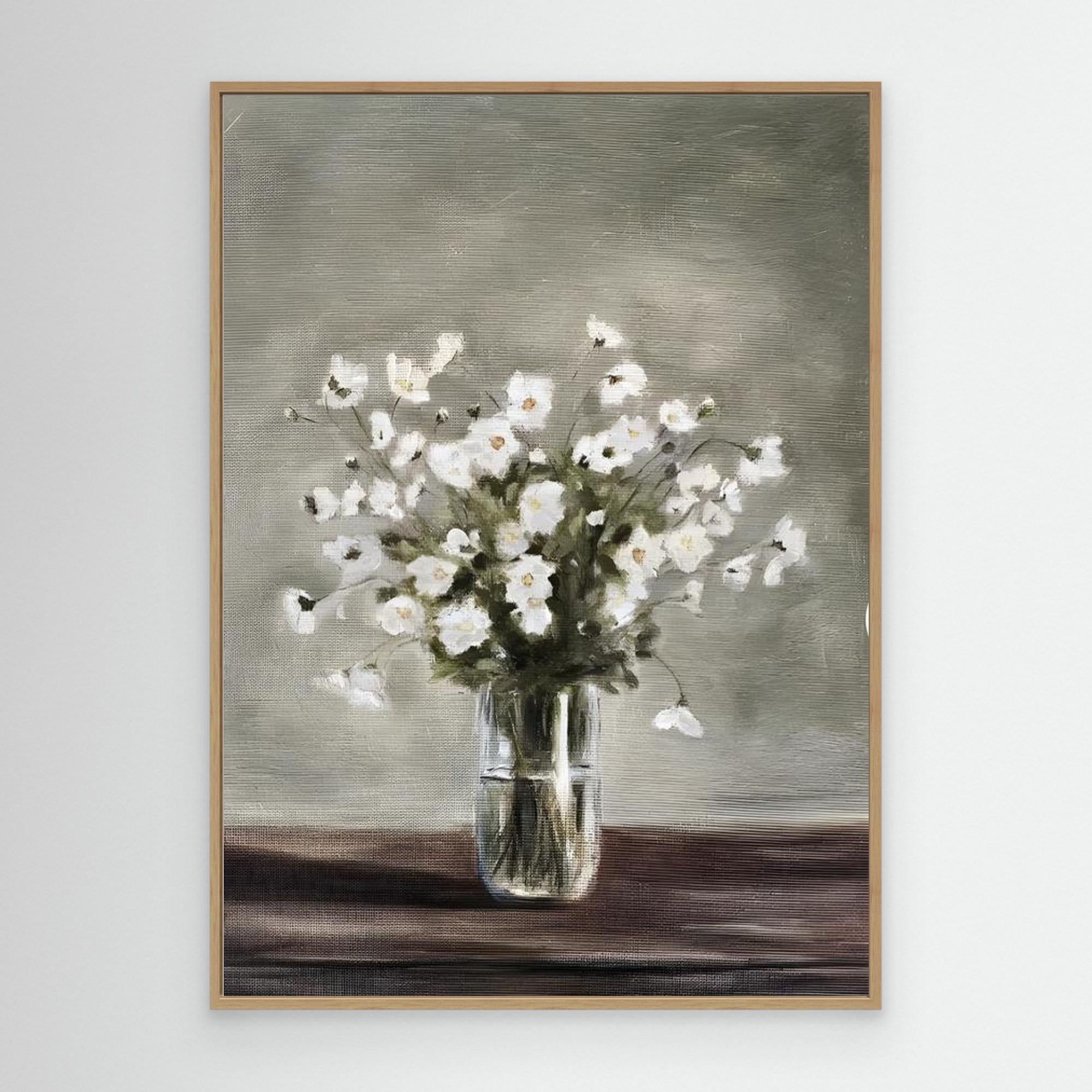 White Floral Still Life Painting | Hallway Wall Art - Framed Pop Art