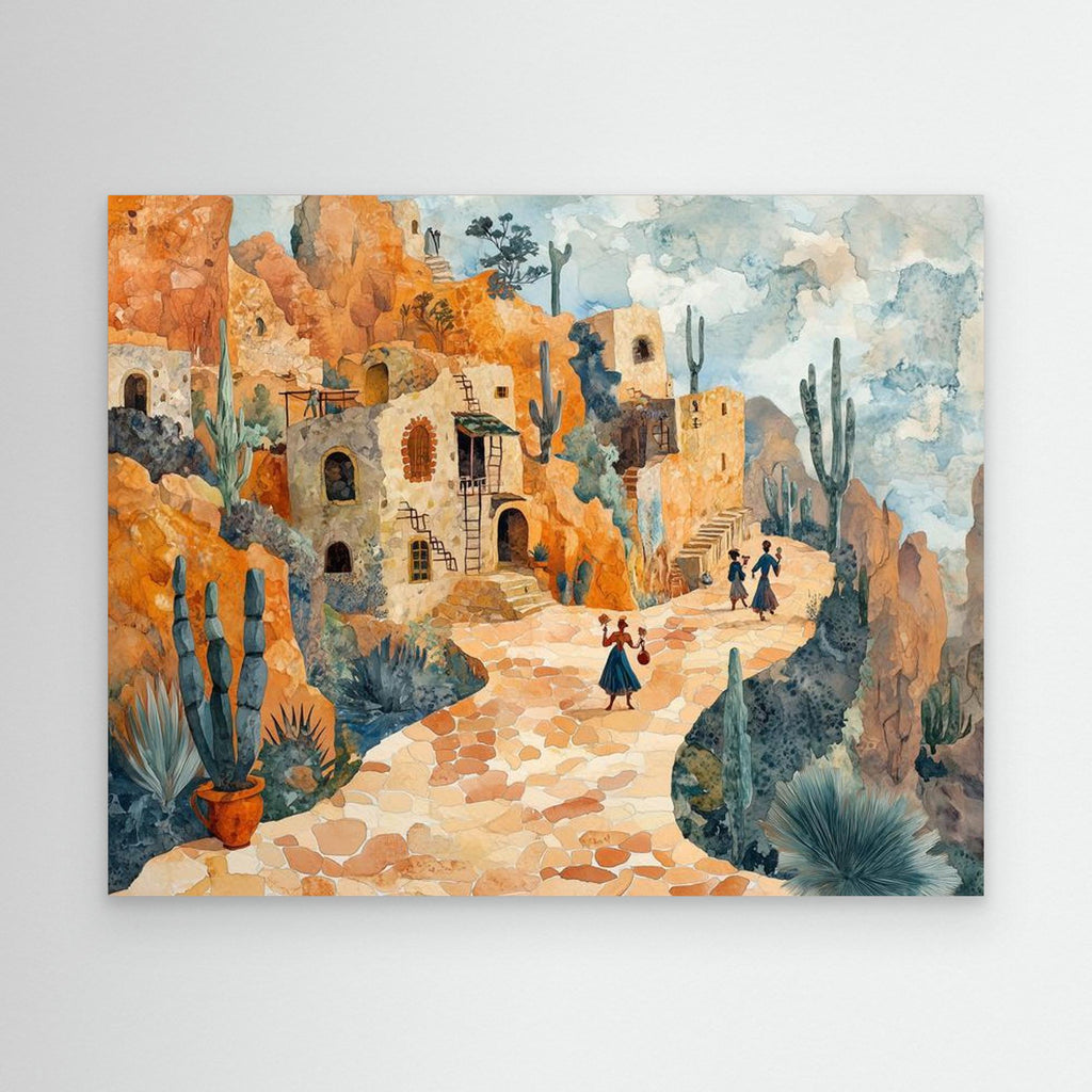 Desert Village Watercolor Canvas Print | Warm Sun-Drenched Art - Framed Pop Art