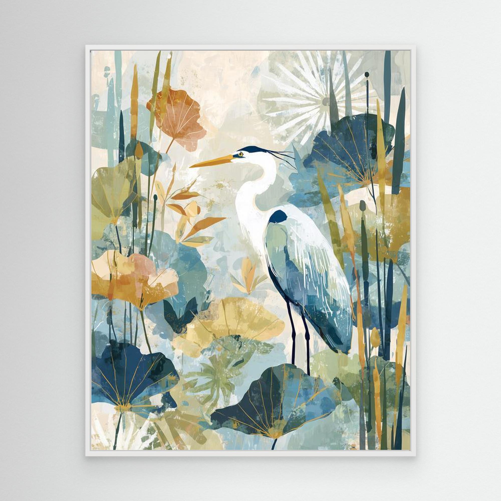 Heron in the Reeds Canvas Wall Art | Modern Nature Print | Nursery - Framed Pop Art