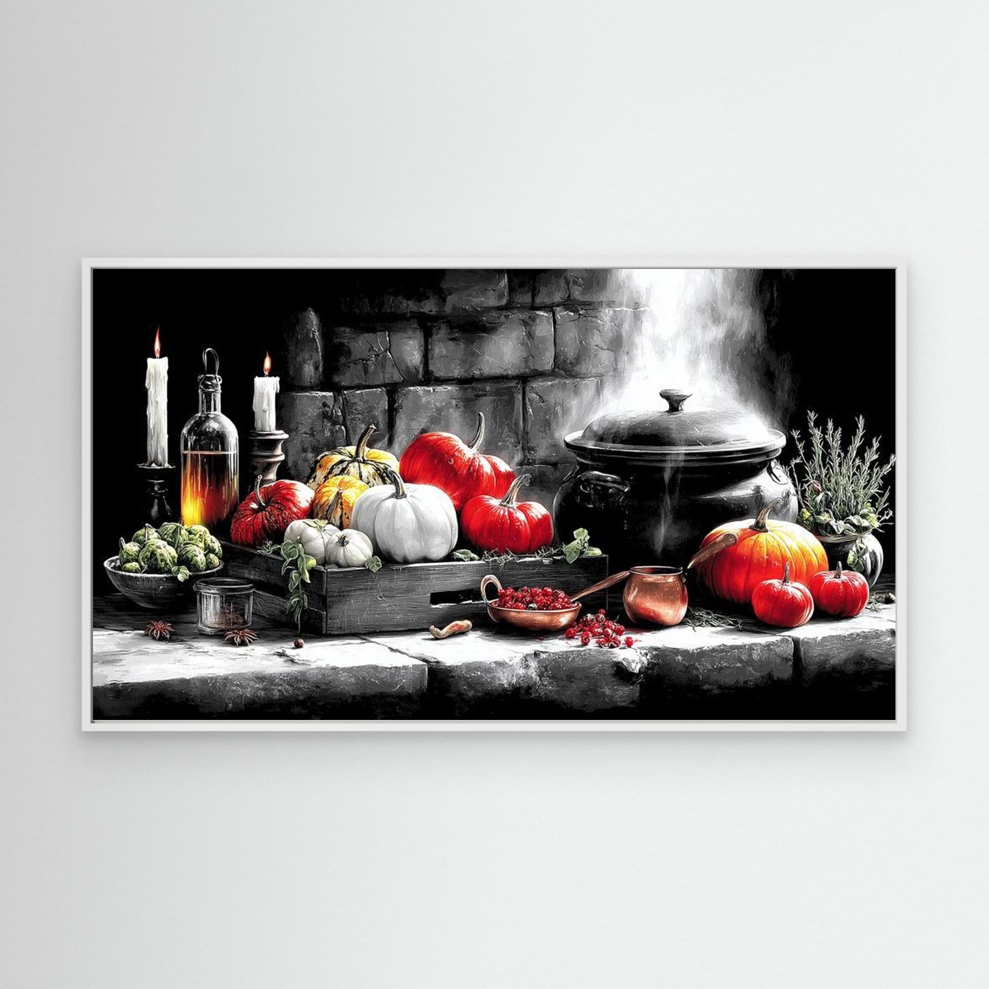 Witchy Harvest Cauldron & Pumpkin Canvas Art Print
