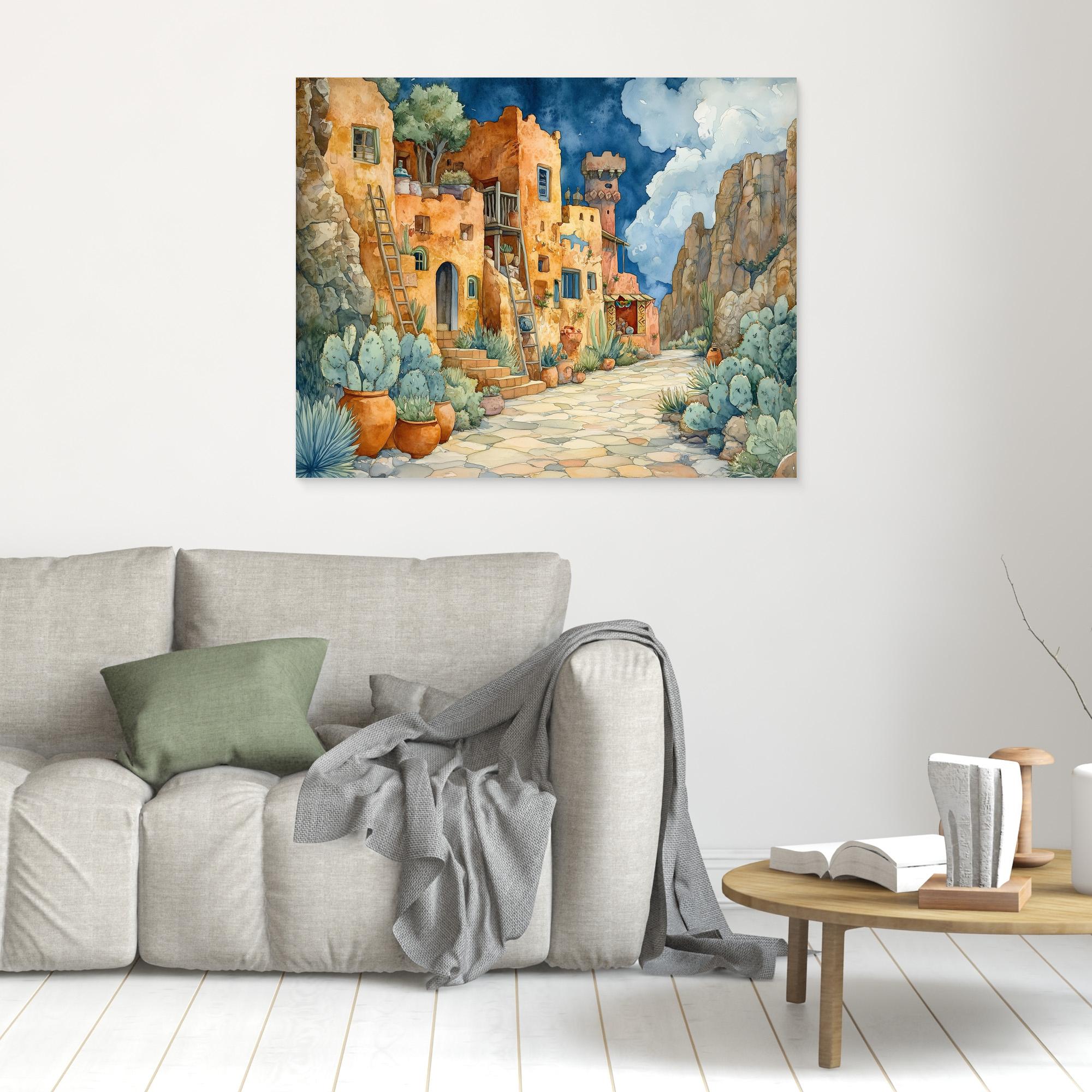 Desert Village Watercolour Canvas Print for Hallway - Framed Pop Art