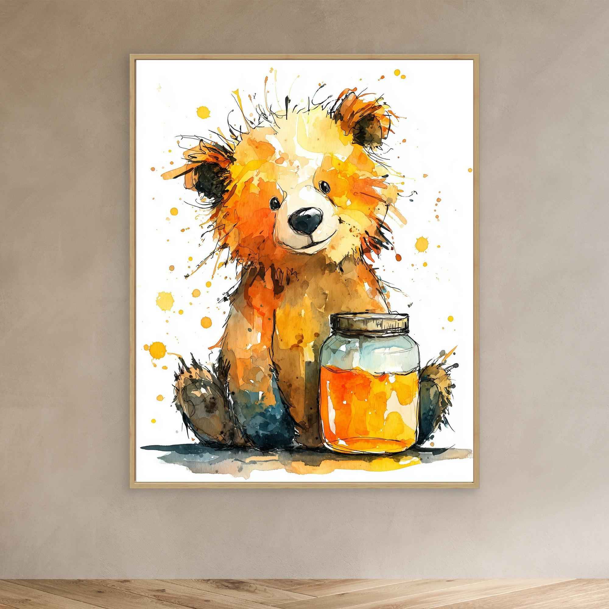 Watercolor Teddy Bear Honey Jar Canvas - Framed Pop Art