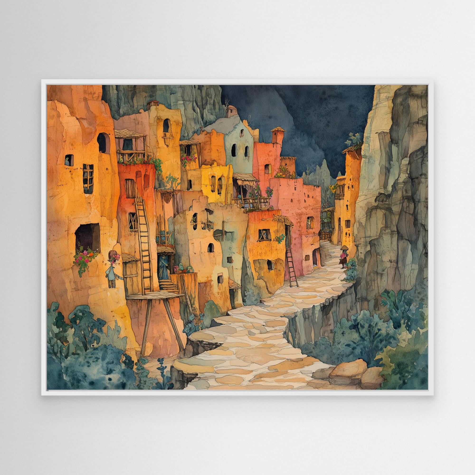 Watercolour Cliffside Village Canvas Print Hallway Art - Framed Pop Art