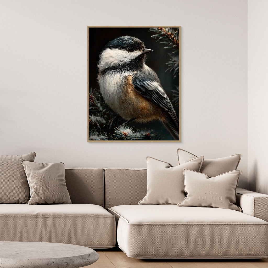 Hallway Bird Wall Art – Winter Chickadee Canvas Print - Framed Pop Art