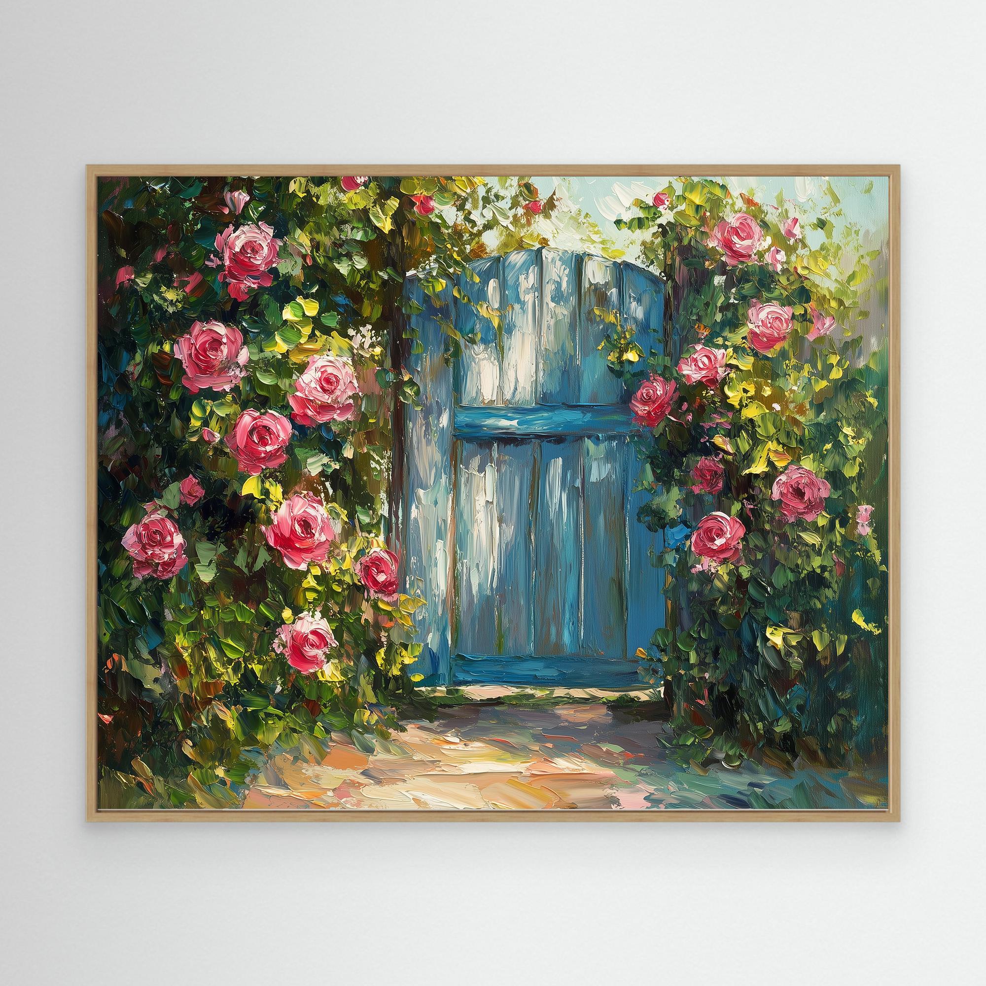 Hallway Wall Art – Blue Garden Gate & Pink Roses Canvas - Framed Pop Art
