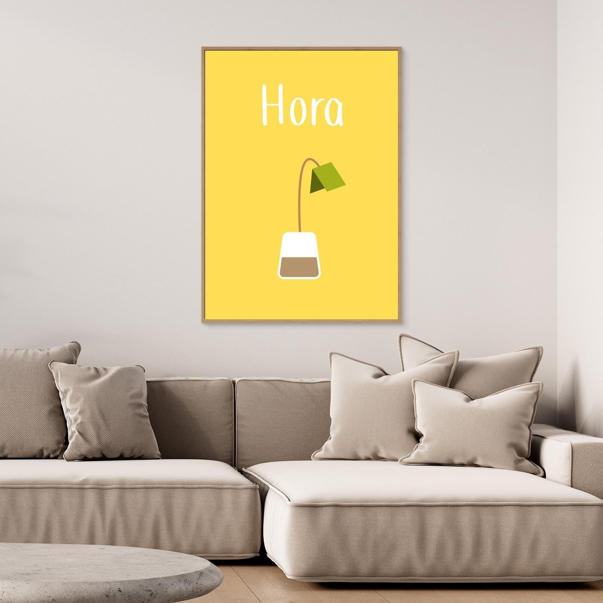 Tea Time 'Hora' Minimalist Kitchen Wall Art | Yellow Canvas - Framed Pop Art