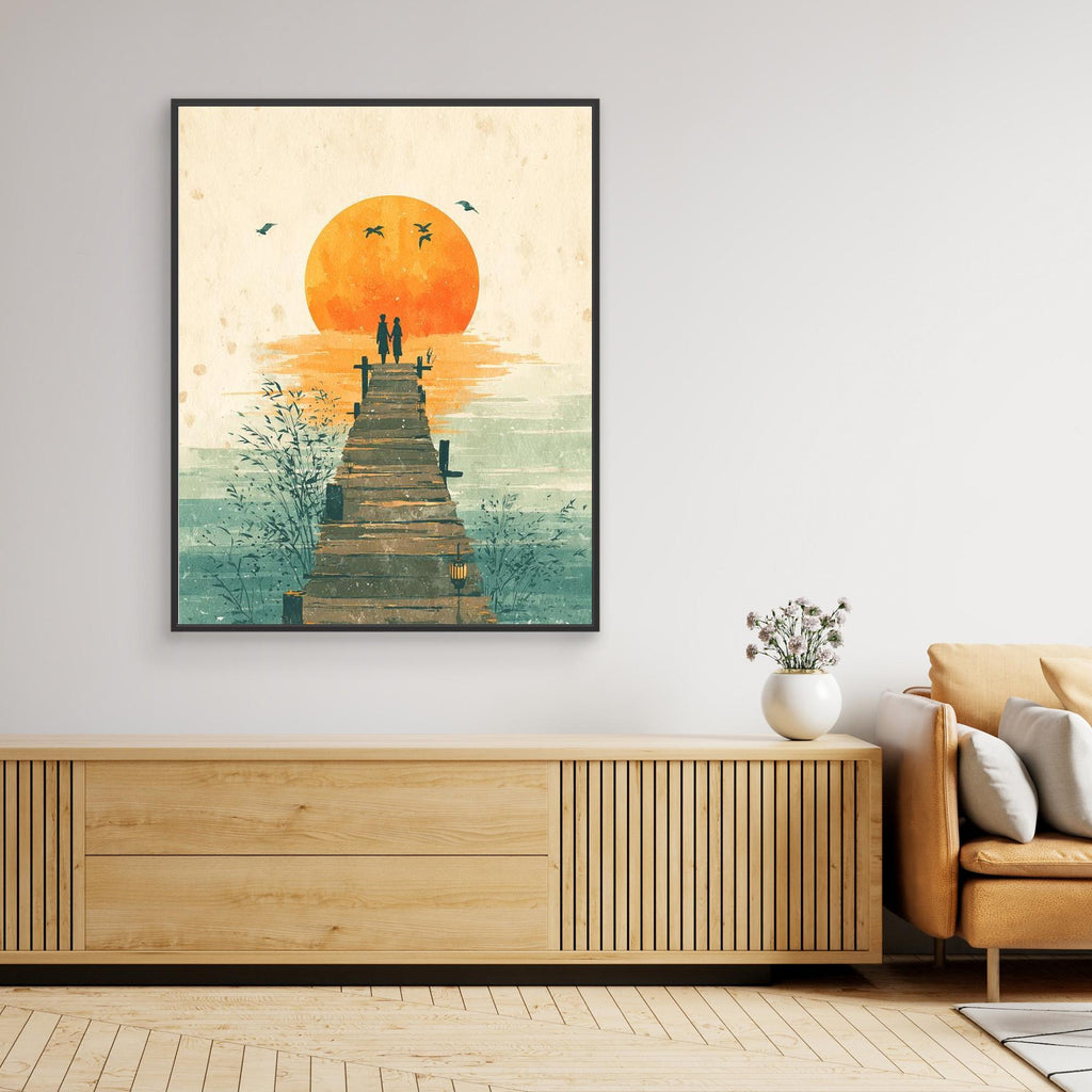 Romantic Lakeside Sunset Pier Framed Canvas Print Art - Framed Pop Art