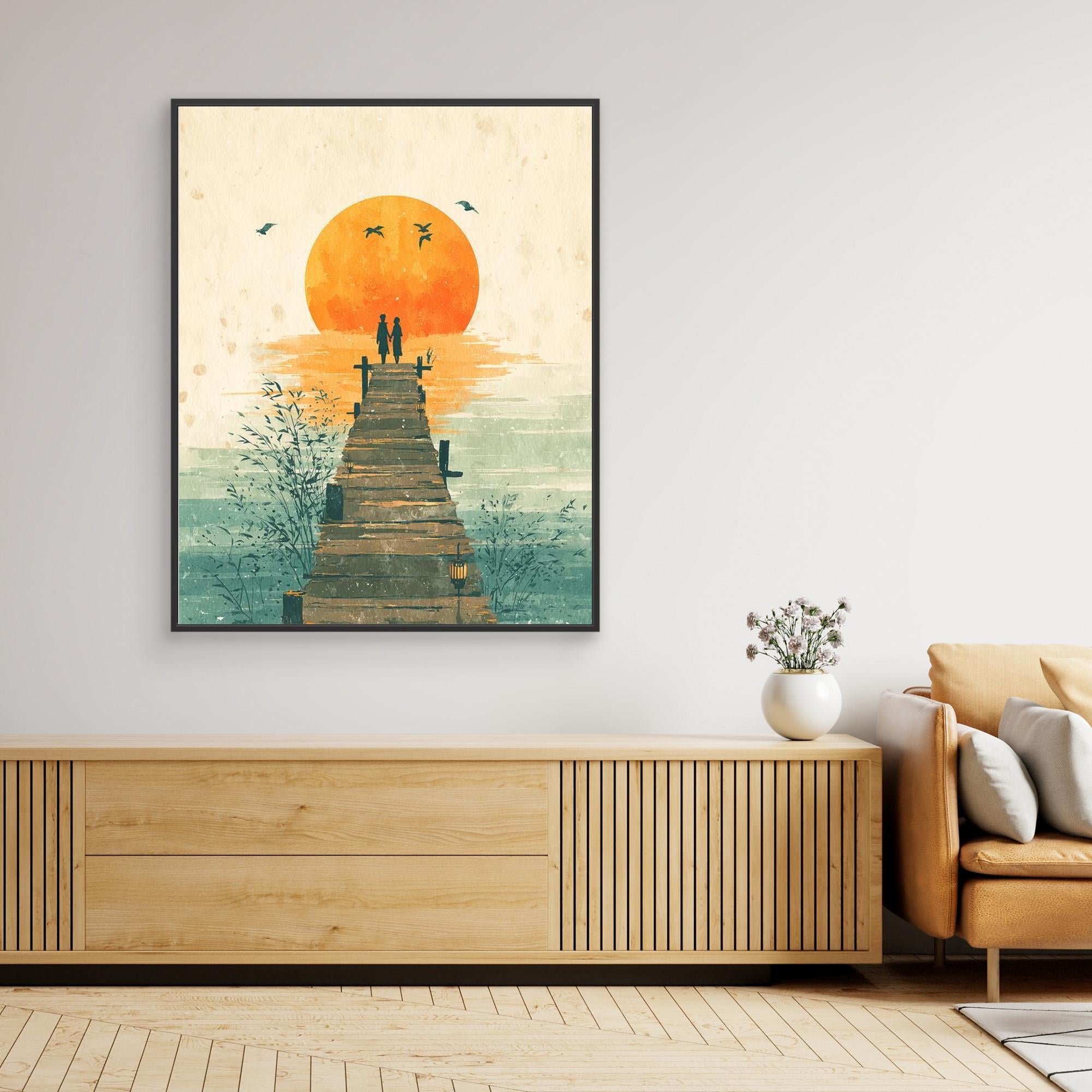 Romantic Lakeside Sunset Pier Framed Canvas Print Art - Framed Pop Art