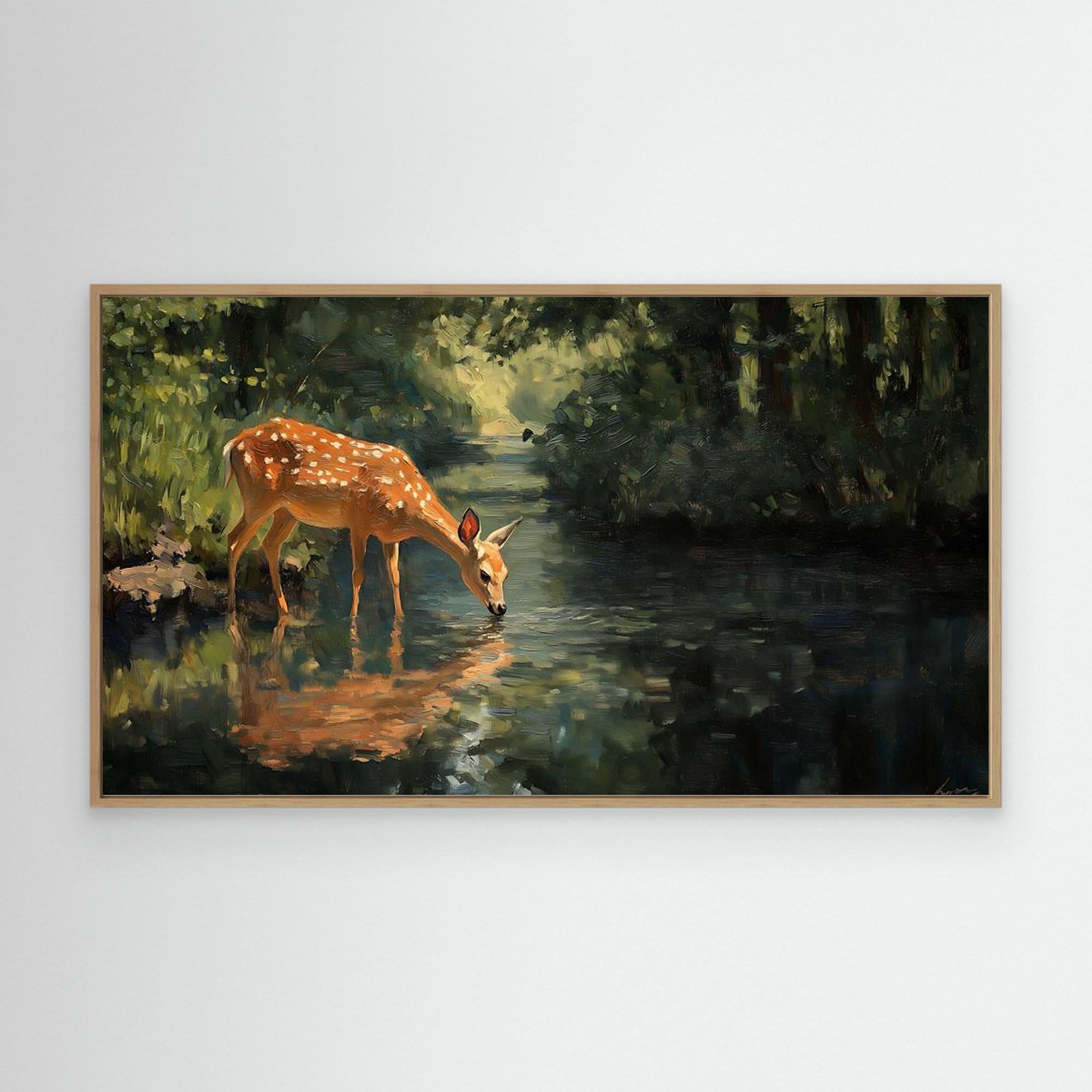 Tranquil Deer in Forest Stream Canvas Wall Art