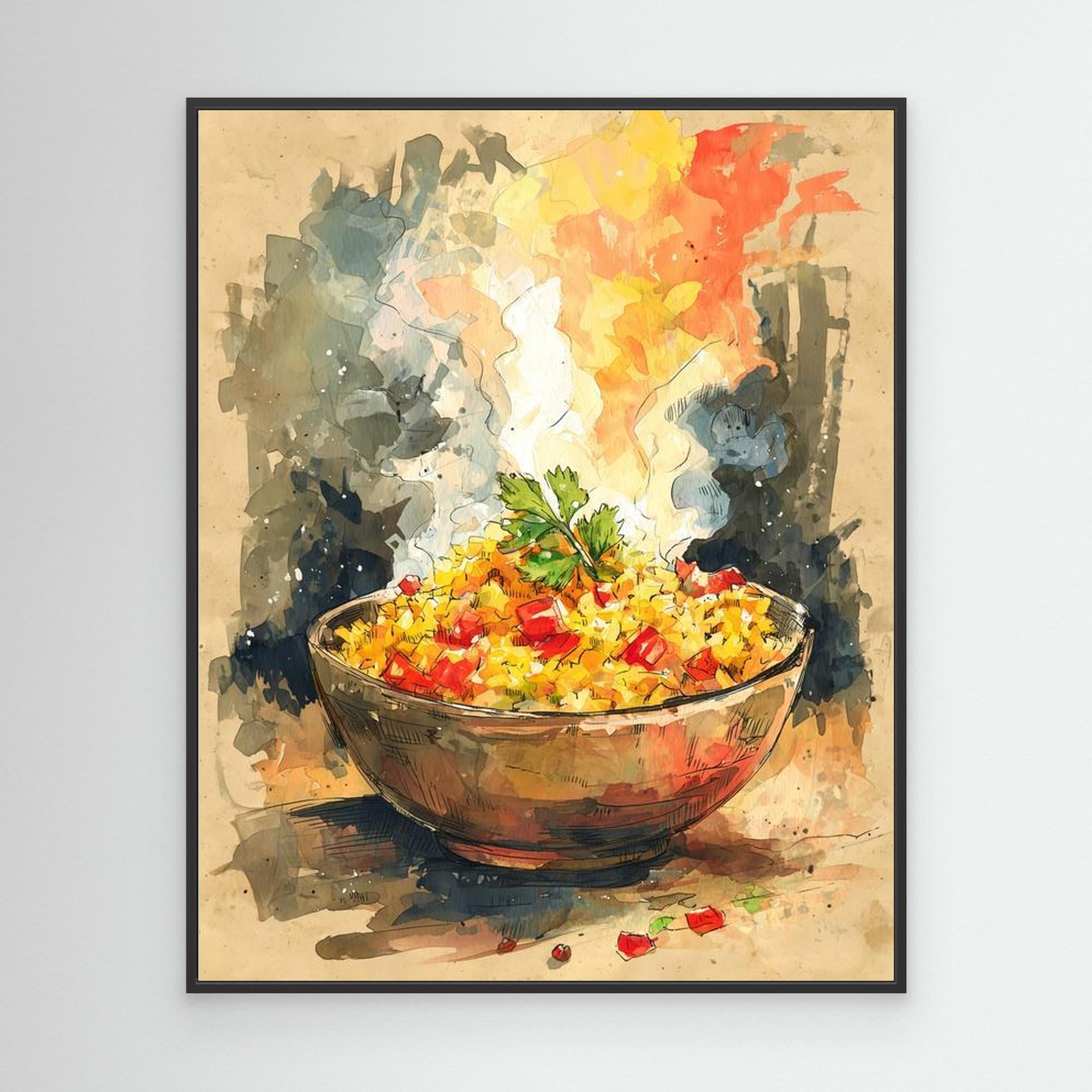 Vibrant Rice Bowl Watercolour Canvas Art | Kitchen Wall Decor - Framed Pop Art