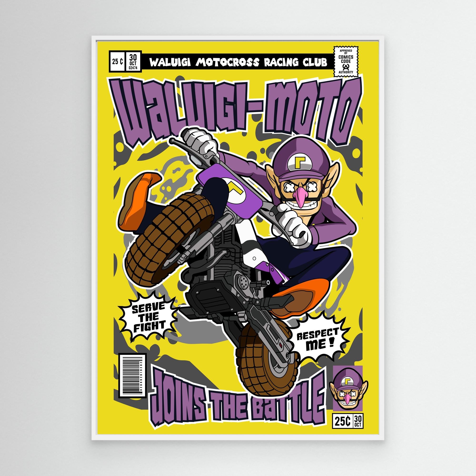 Waluigi Motocross Comic Poster | Gaming Room Wall Art - Framed Pop Art