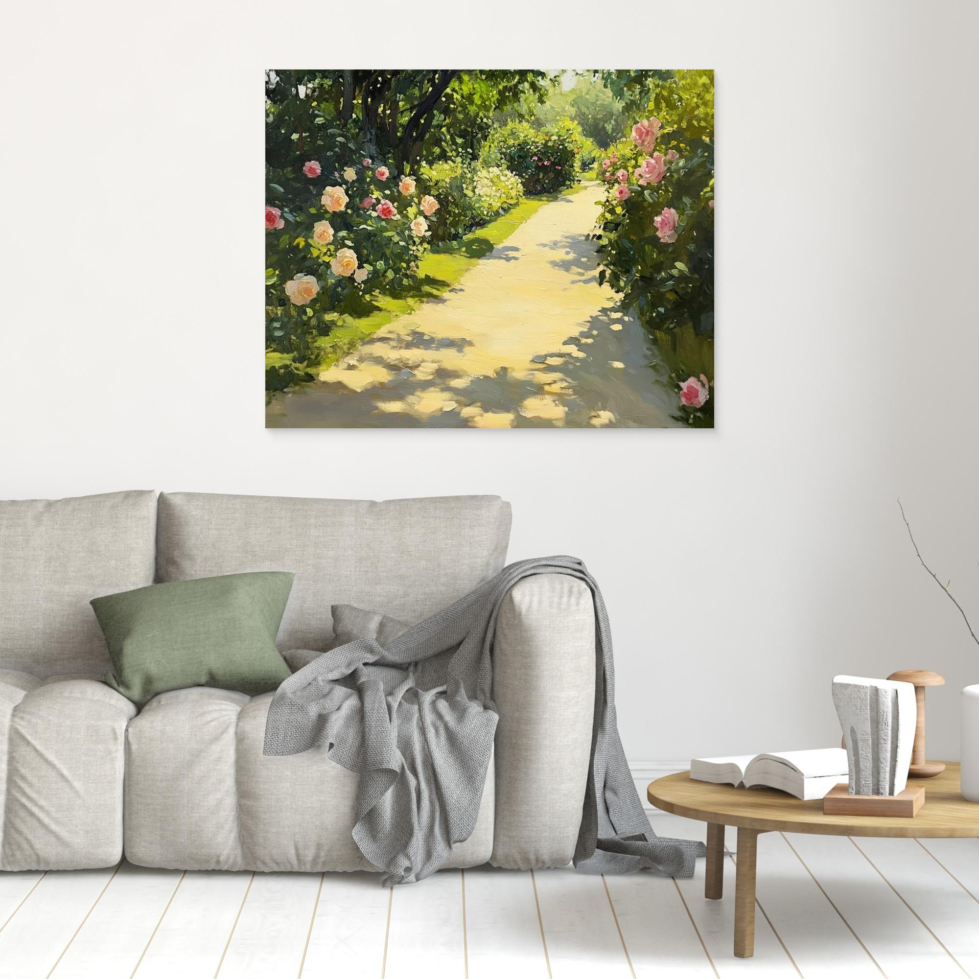 Sunlit Garden Path Canvas Art - Romantic Floral Bedroom Decor