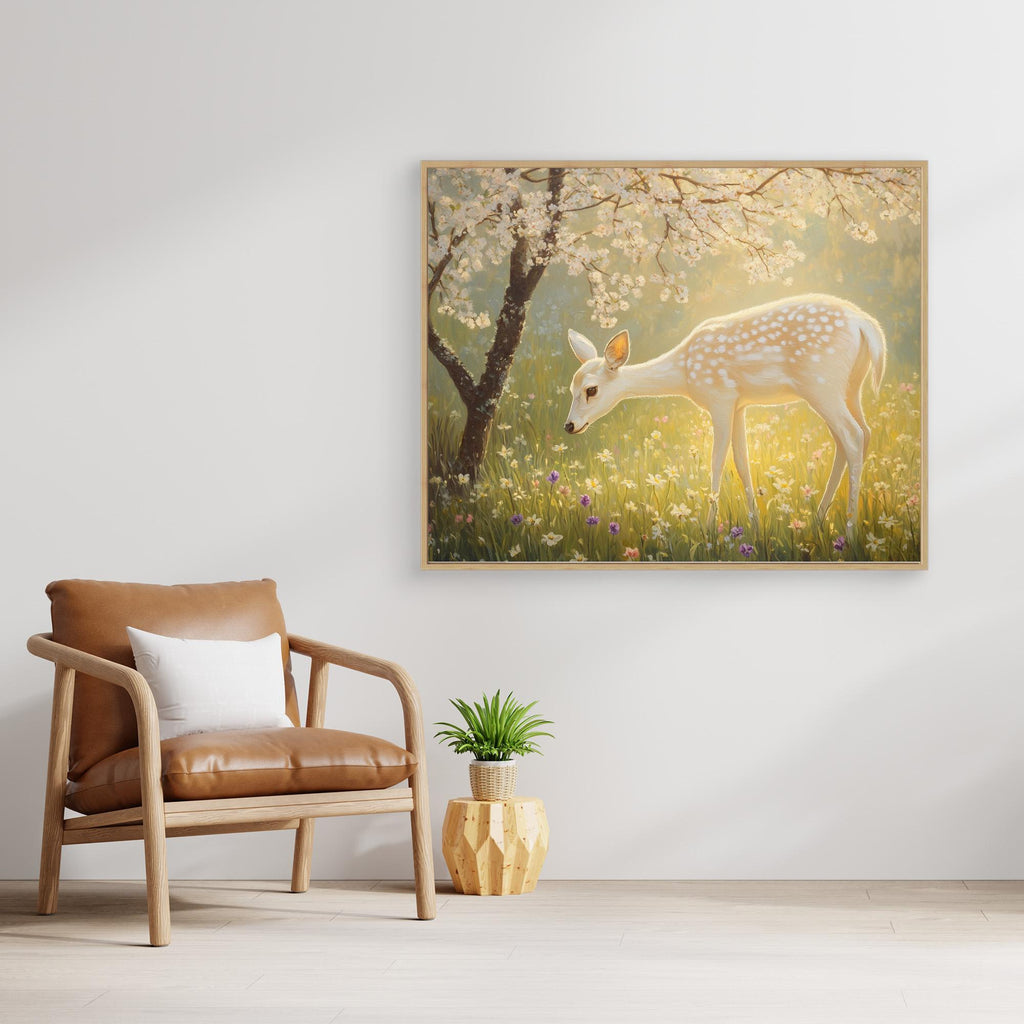 Enchanted White Fawn & Cherry Blossom Canvas Wall Art - Framed Pop Art
