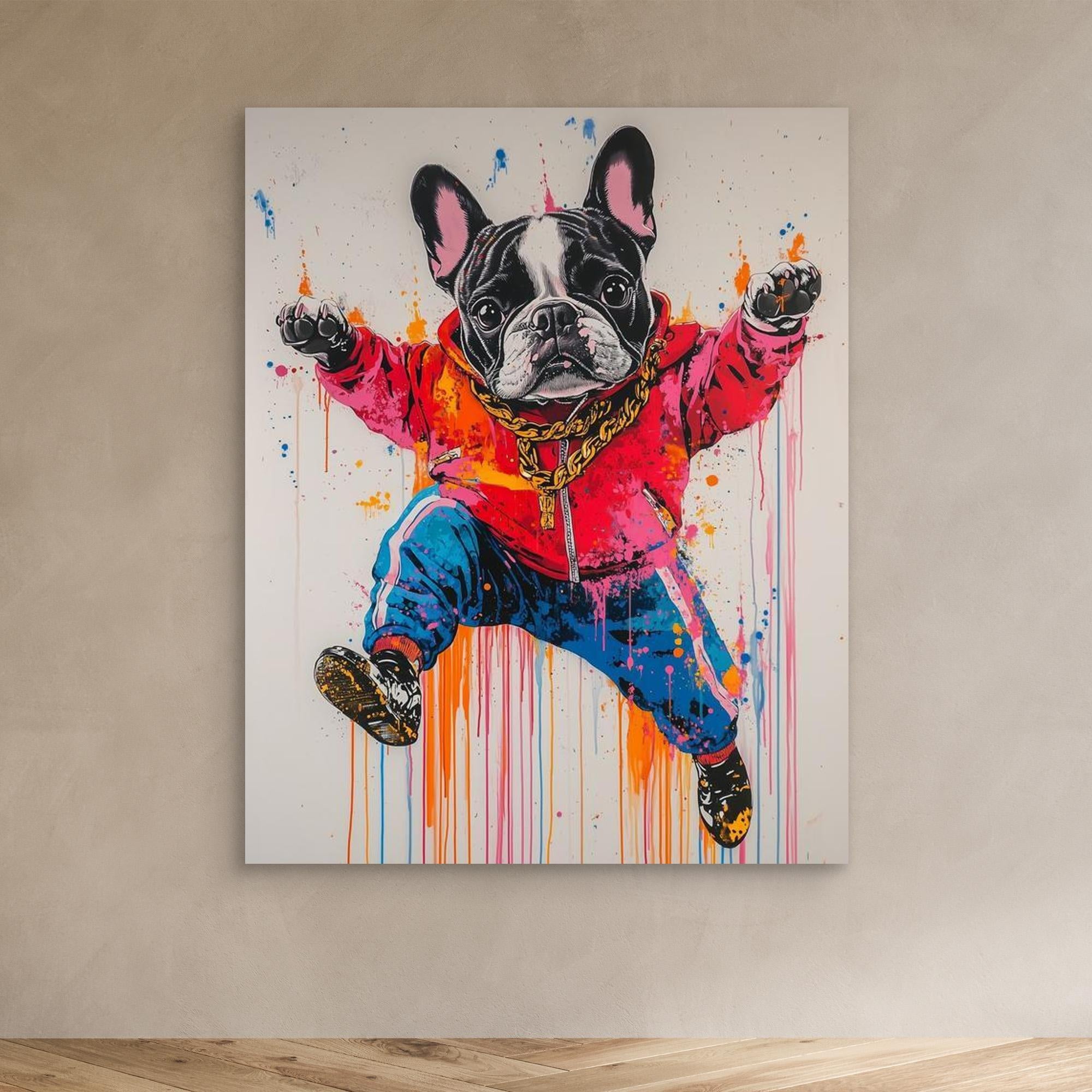 Frenchie Hip Hop Art - Canvas Wall Decor | Urban Dog Print - Framed Pop Art