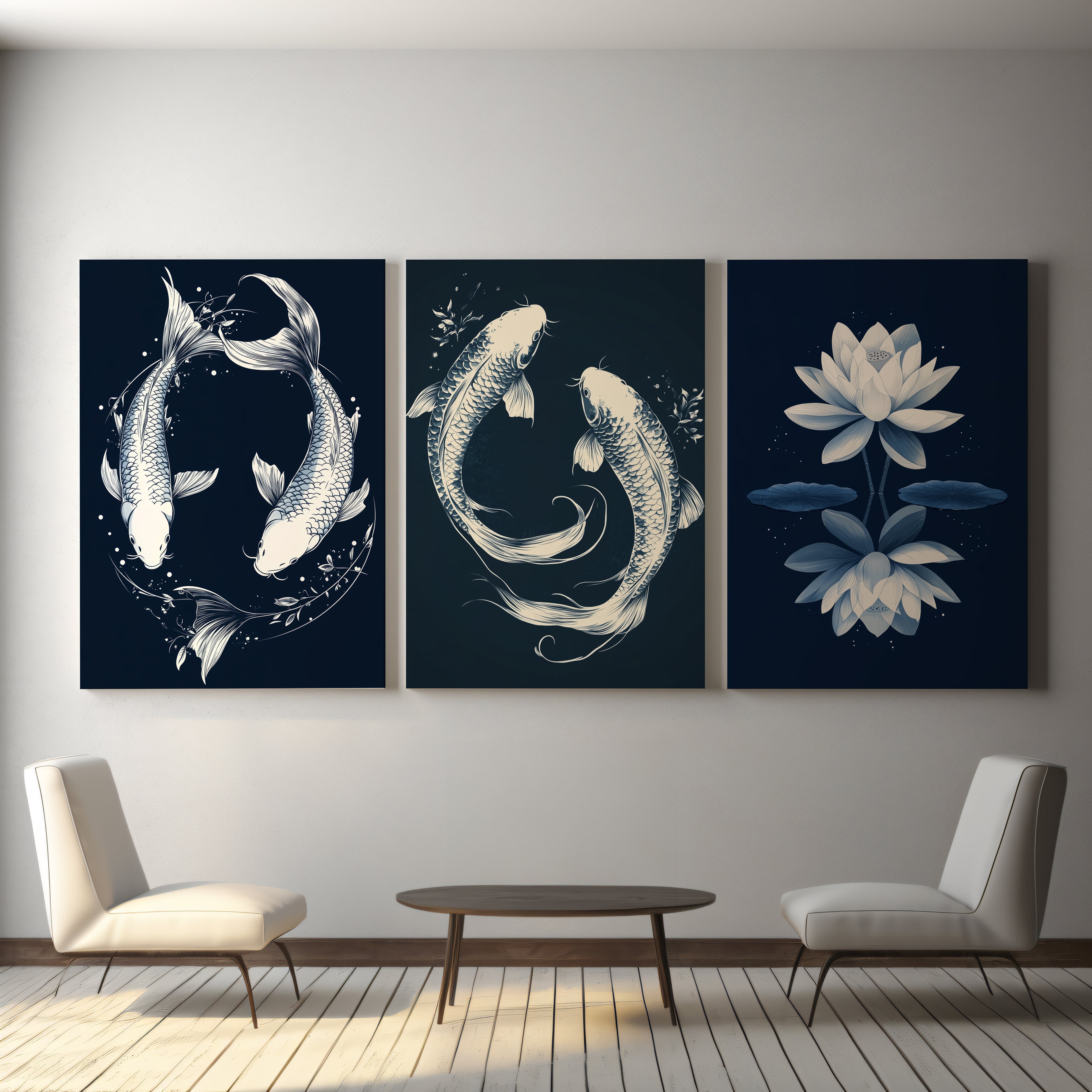 Zen Koi & Lotus 3-Piece Canvas Wall Art Set - 60 x 75 cm / 24 x 30″