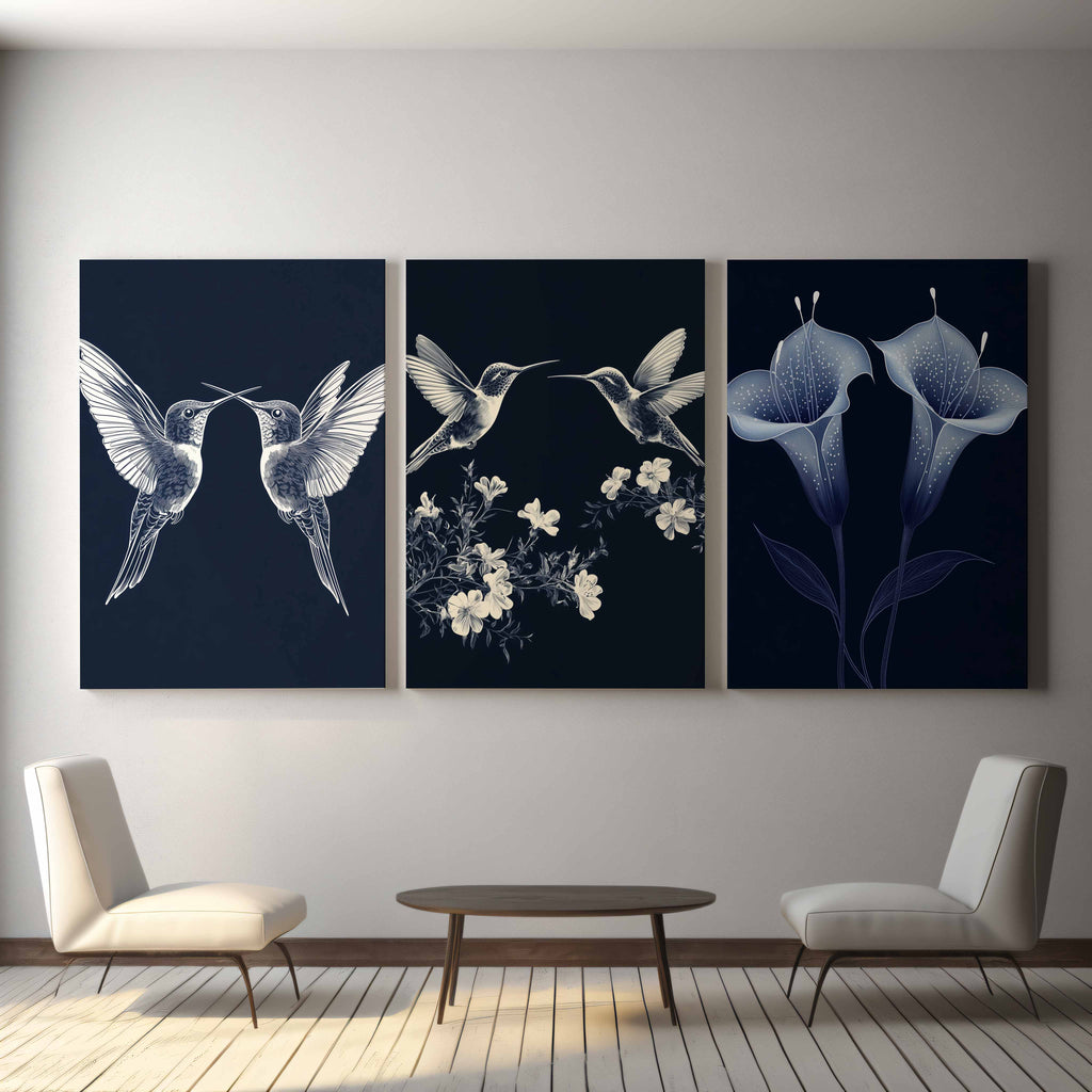 Navy Botanical Triptych | Large Hallway Wall Art Set of 3 - Framed Pop Art