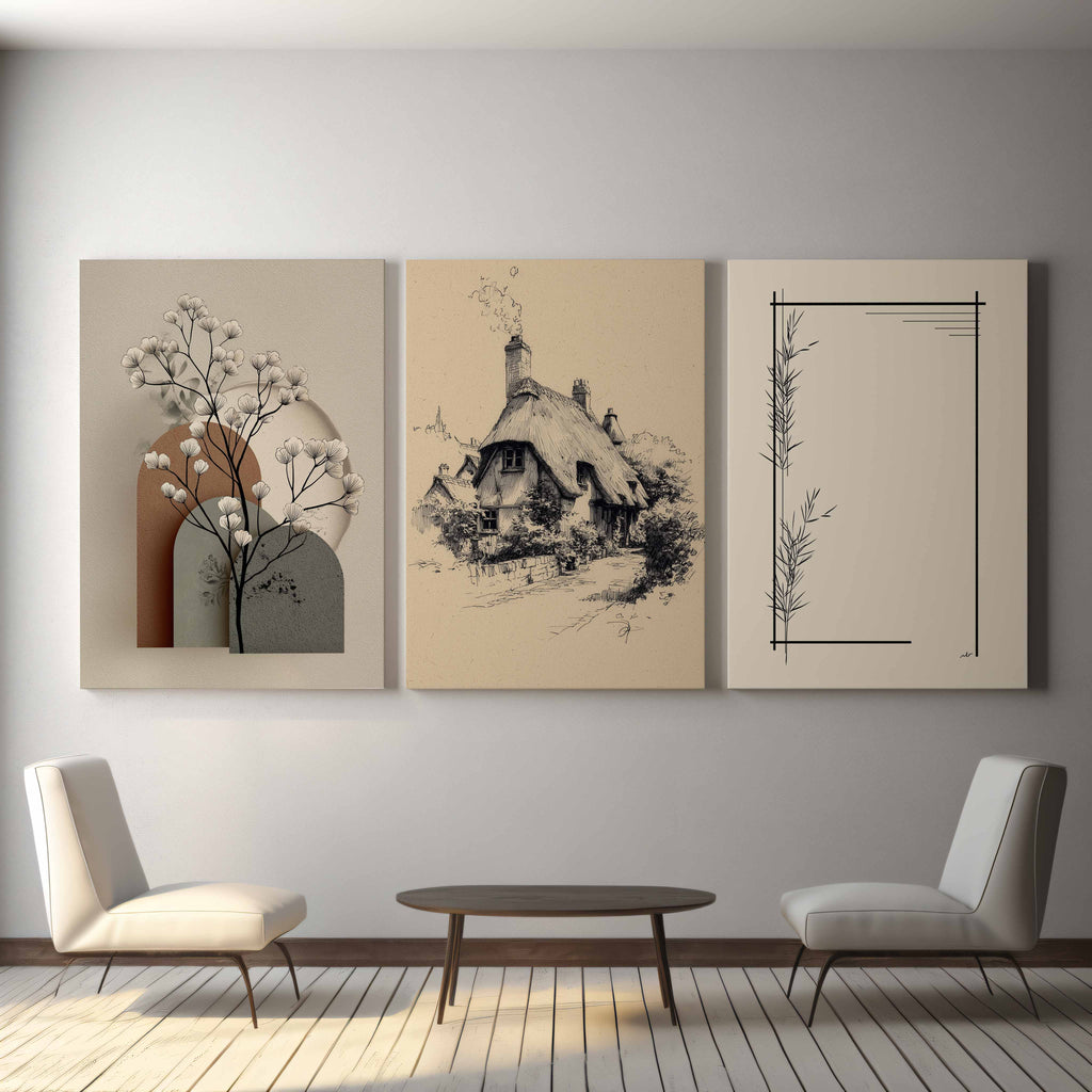 Beige Neutral Living Room Wall Art Set of 3 Canvas