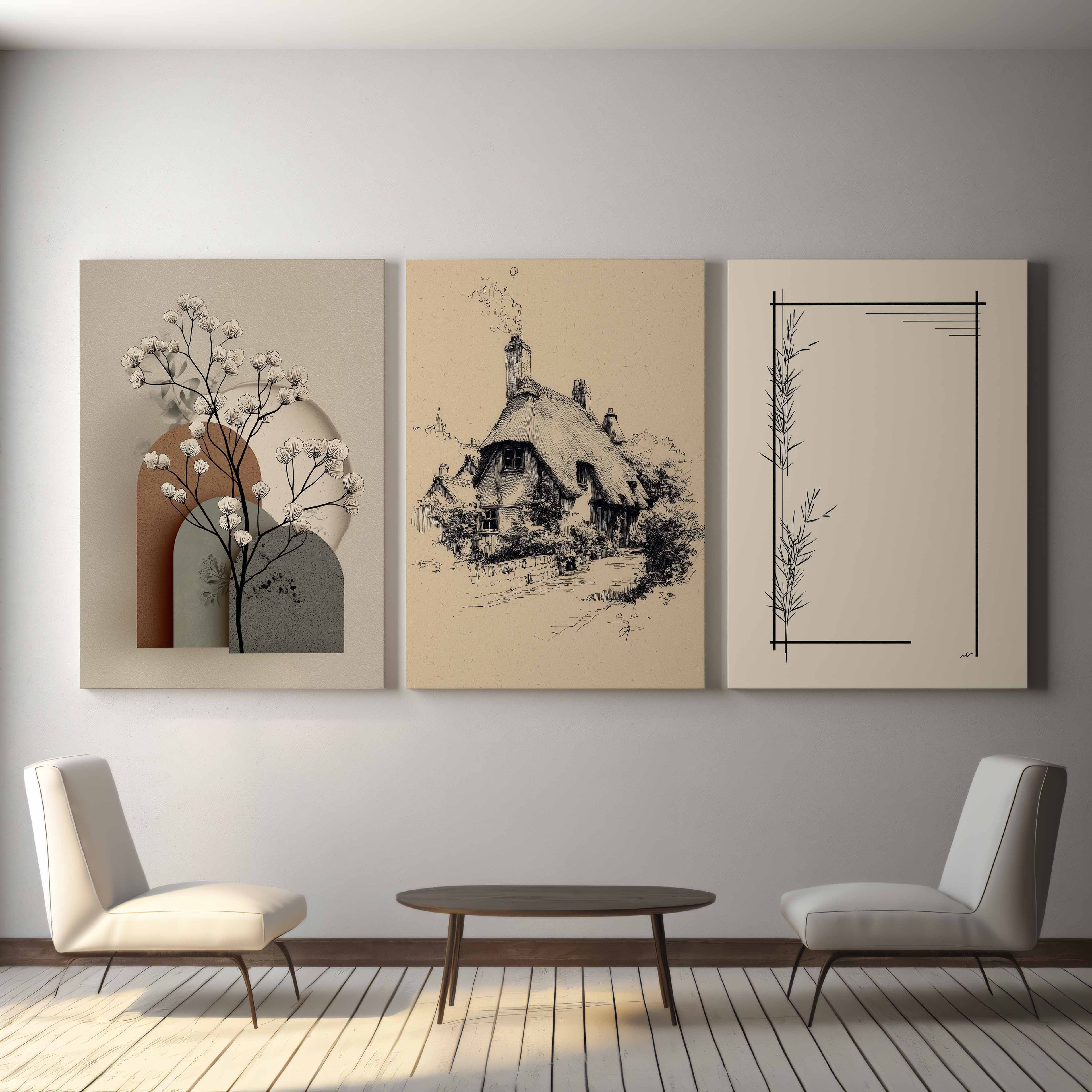Beige Neutral Living Room Wall Art Set of 3 Canvas