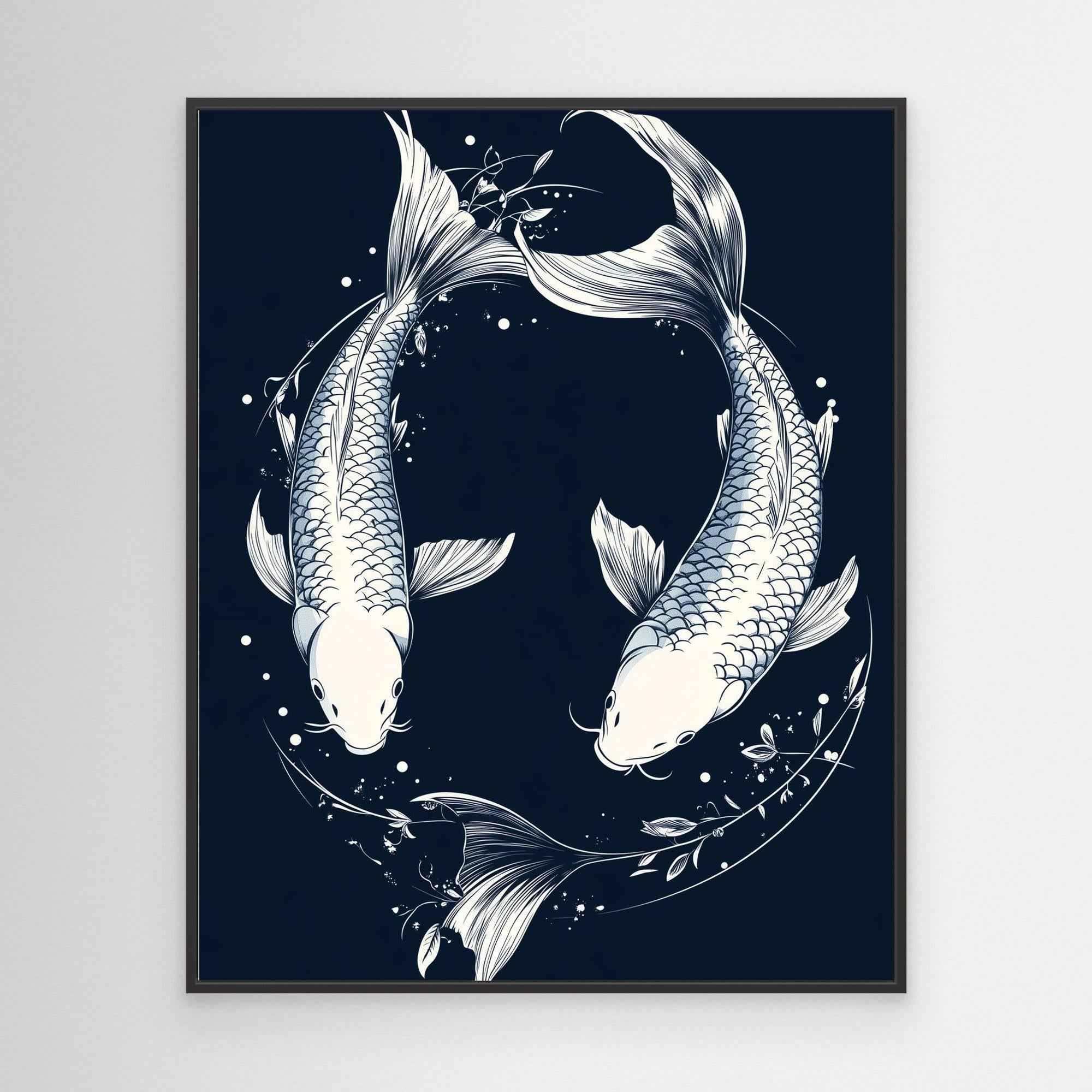 Koi Yin Yang Navy Canvas Wall Art - Framed Pop Art