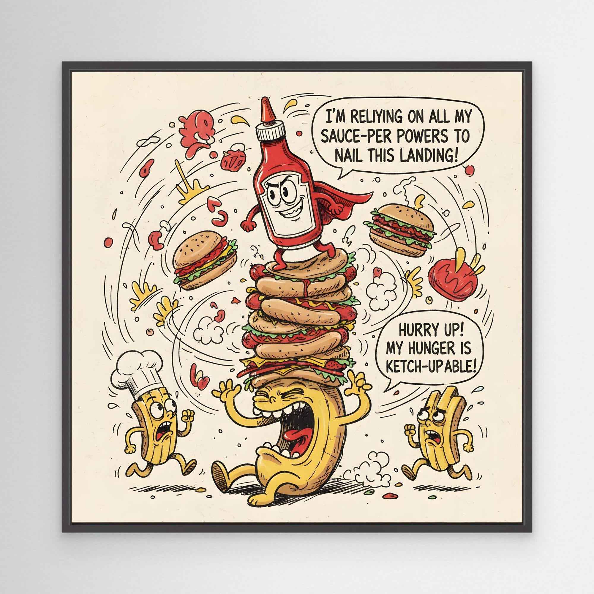Funny Ketchup Burger Canvas Wall Art - Framed Pop Art