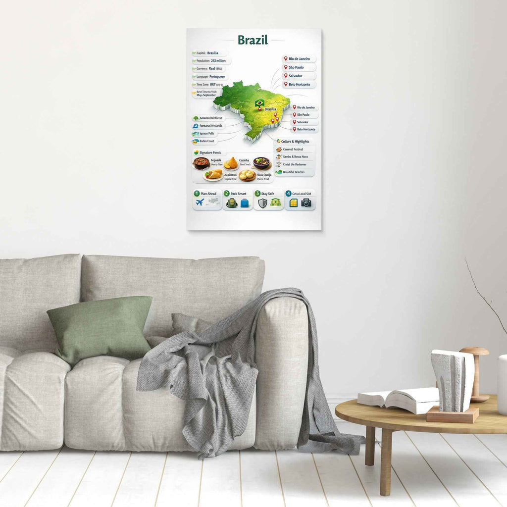 Brazil Travel Infographic Poster | Vibrant Canvas Wall Art - Framed Pop Art