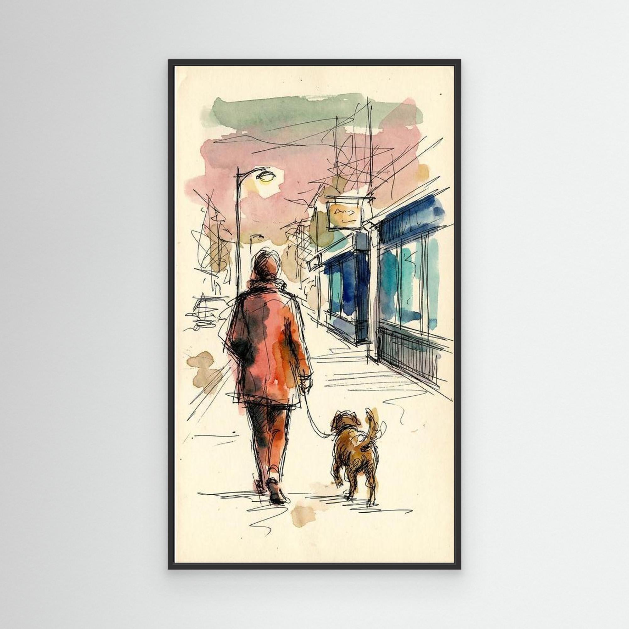City Stroll Dog Walker Art | Framed Sketch Style Print - Framed Pop Art