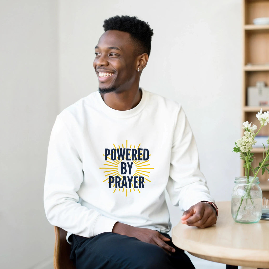 Powered by Prayer White Sweatshirt | Gildan® 18000 - Framed Pop Art