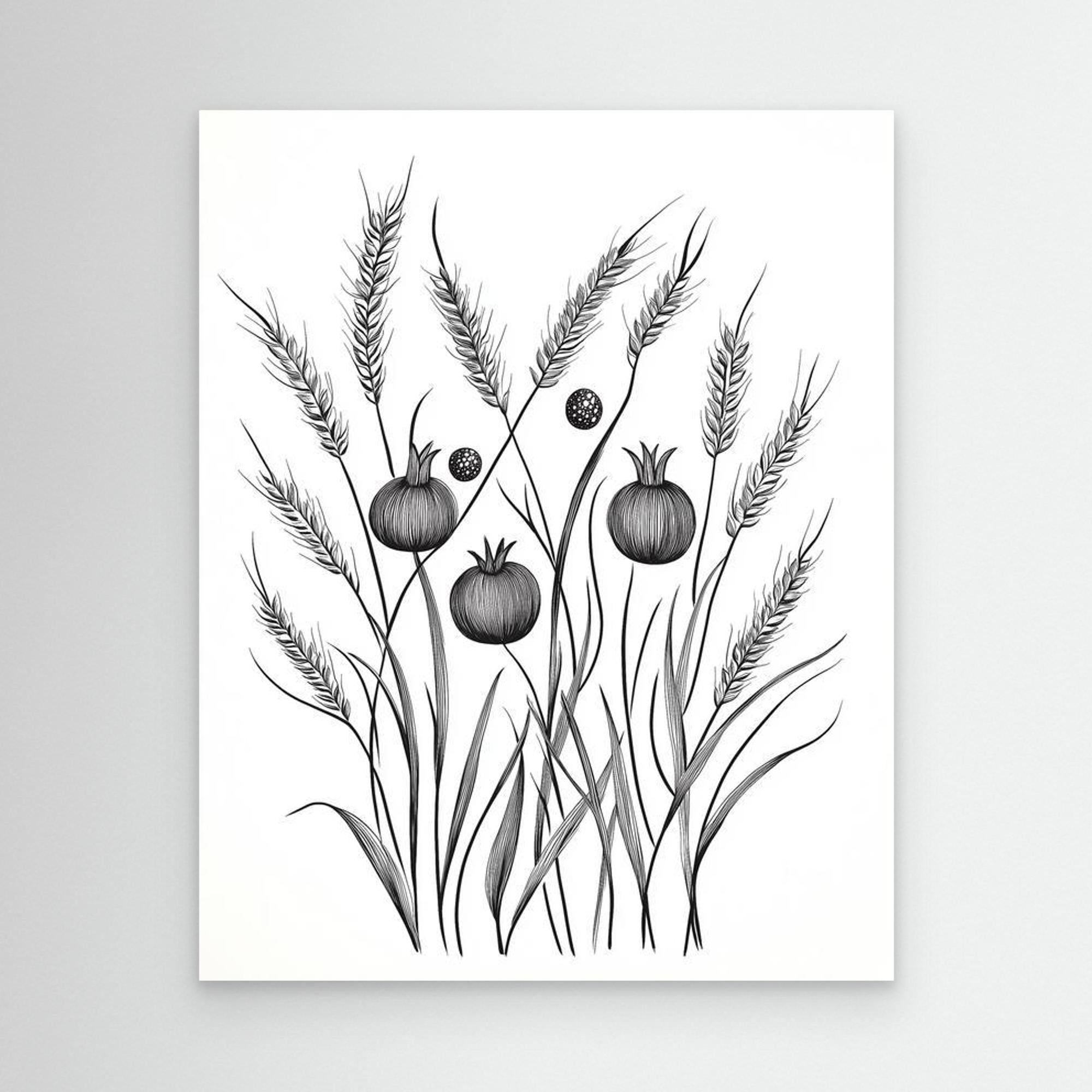 Minimalist Botanical Wheat & Poppy Pod Art Print (UK)
