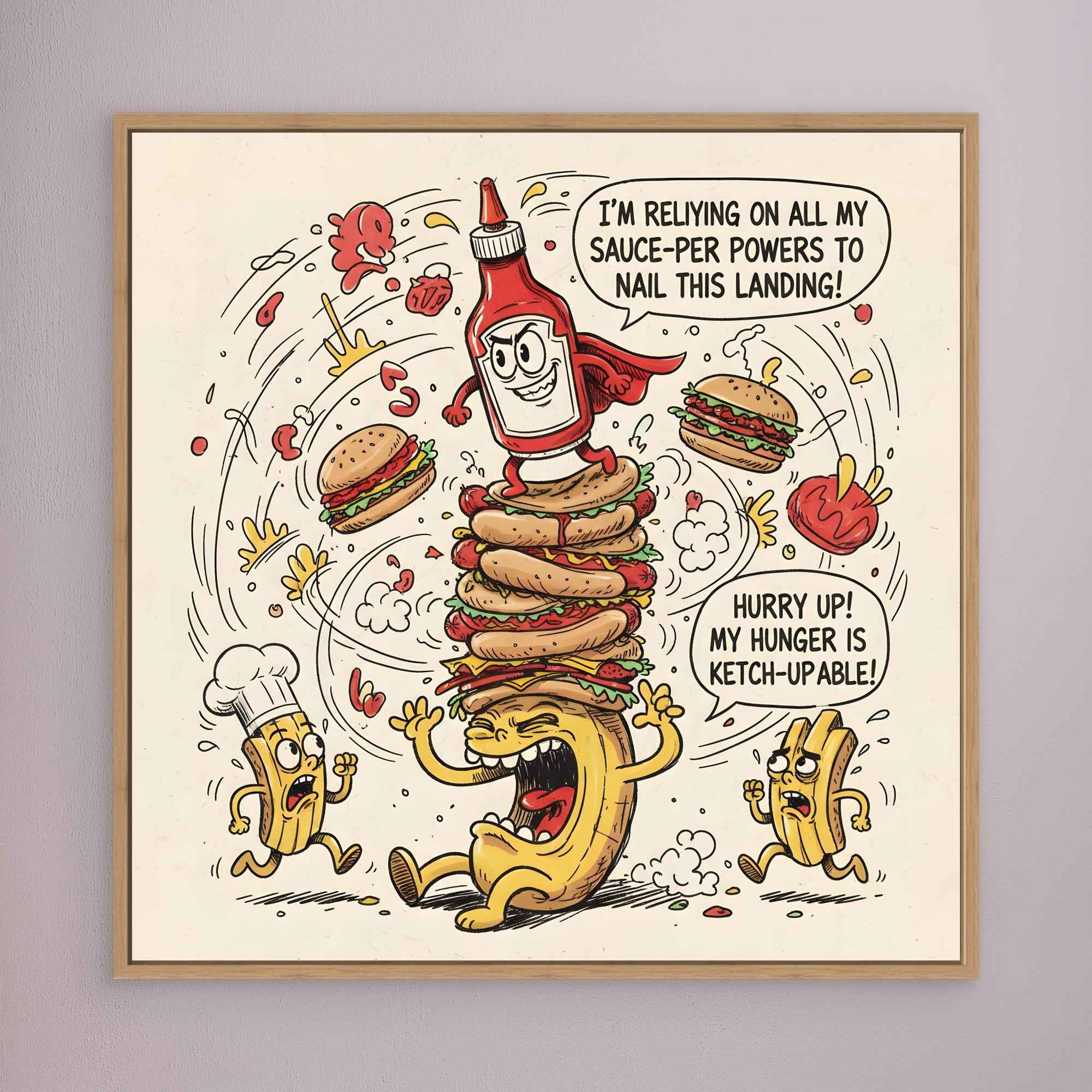 Funny Ketchup Burger Canvas Wall Art - Framed Pop Art