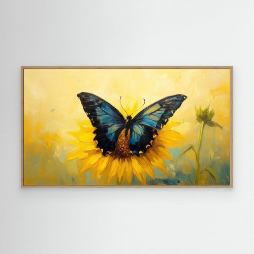 Blue Butterfly & Sunflower Canvas Wall Art | Framed Print - Framed Pop Art