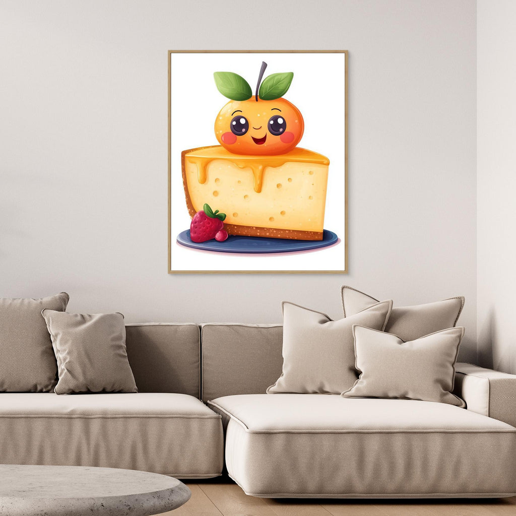 Kawaii Orange Cheesecake Art Print | Cute Kitchen Wall Decor - Framed Pop Art