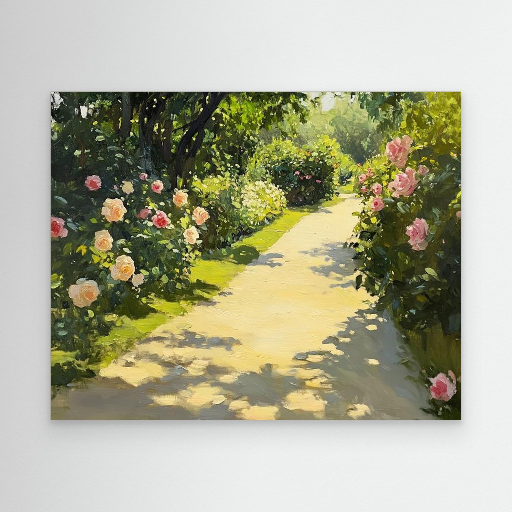 Sunlit Garden Path Canvas Art - Romantic Floral Bedroom Decor