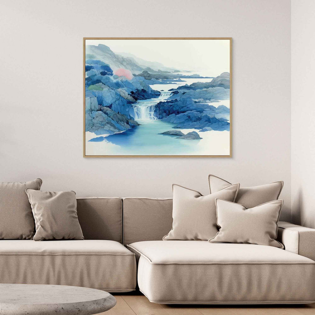 Calm Blue Waterfall Framed Canvas Wall Art - Framed Pop Art