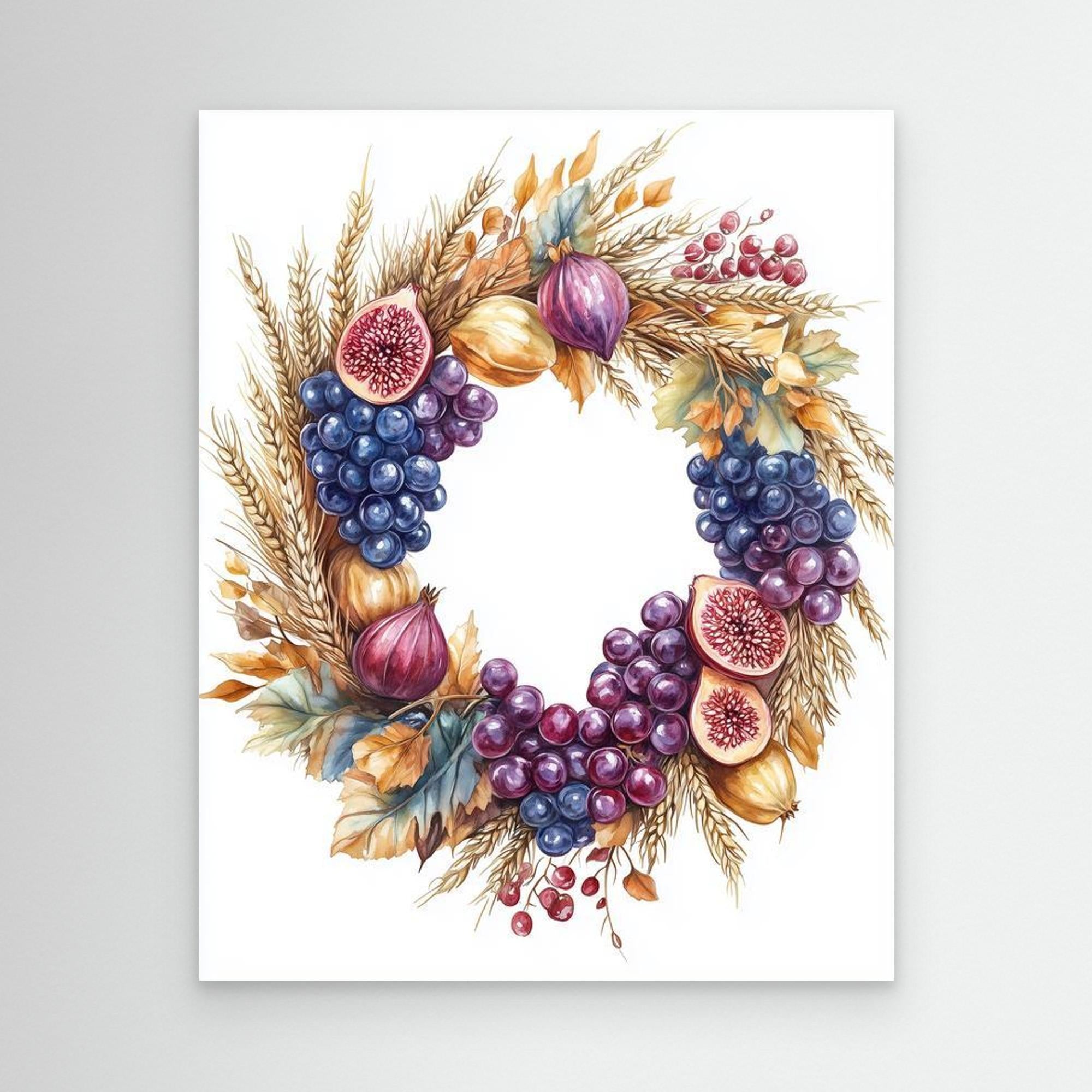 Autumn Harvest Wreath Art Print | Fig & Grape Wall Decor