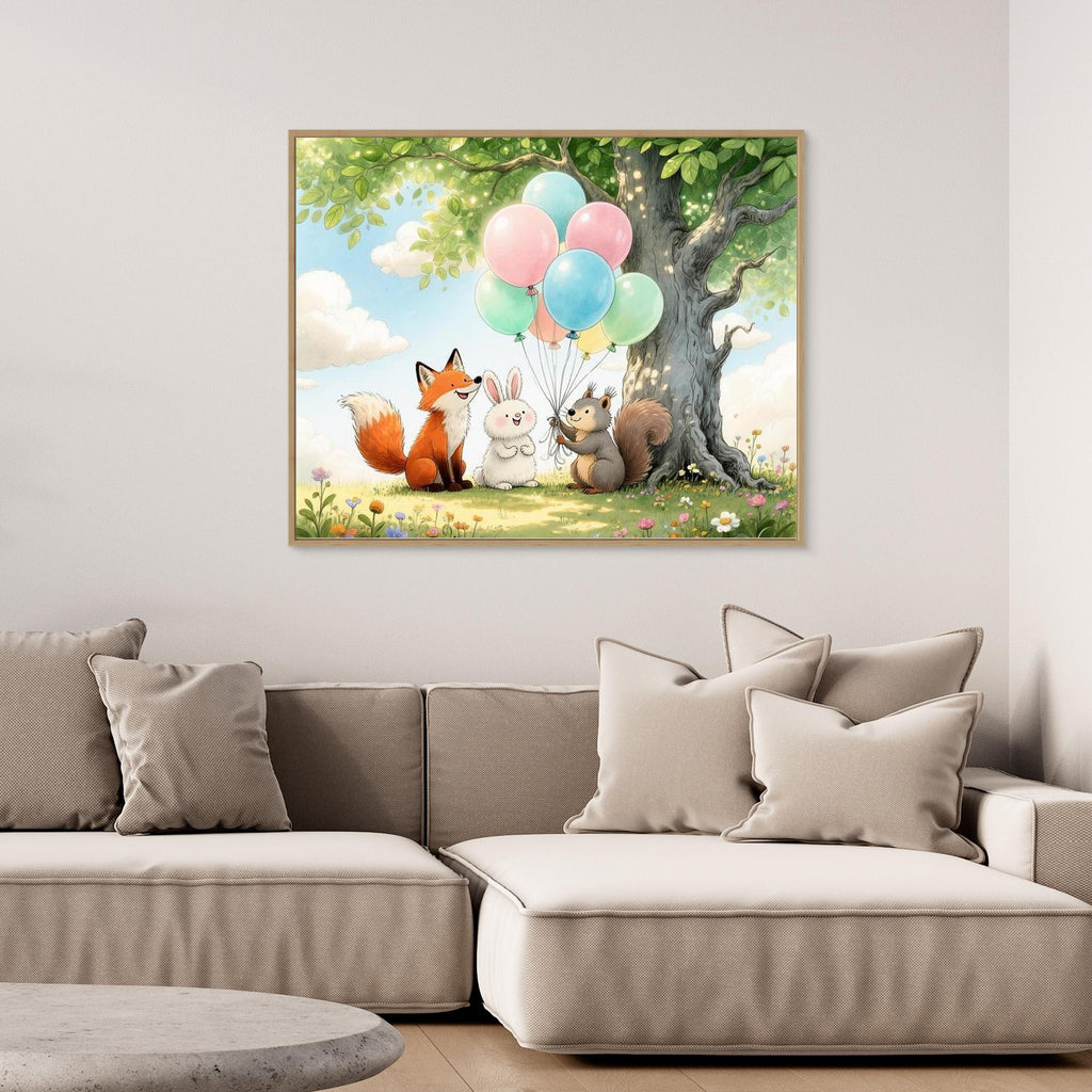Woodland Animals Balloon Nursery Canvas Wall Art Print - Framed Pop Art