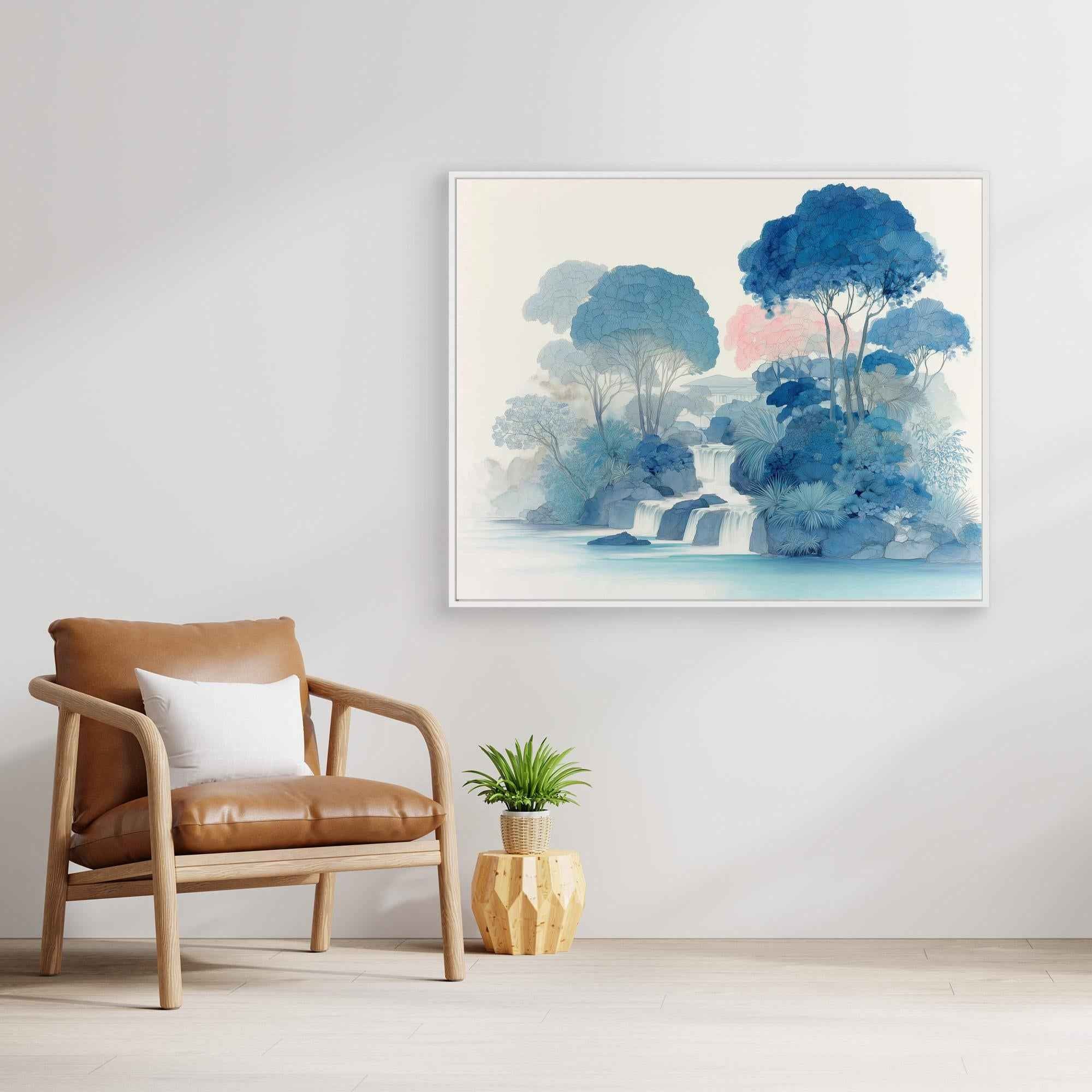 Blue Waterfall Forest Canvas Wall Art Print - Framed Pop Art